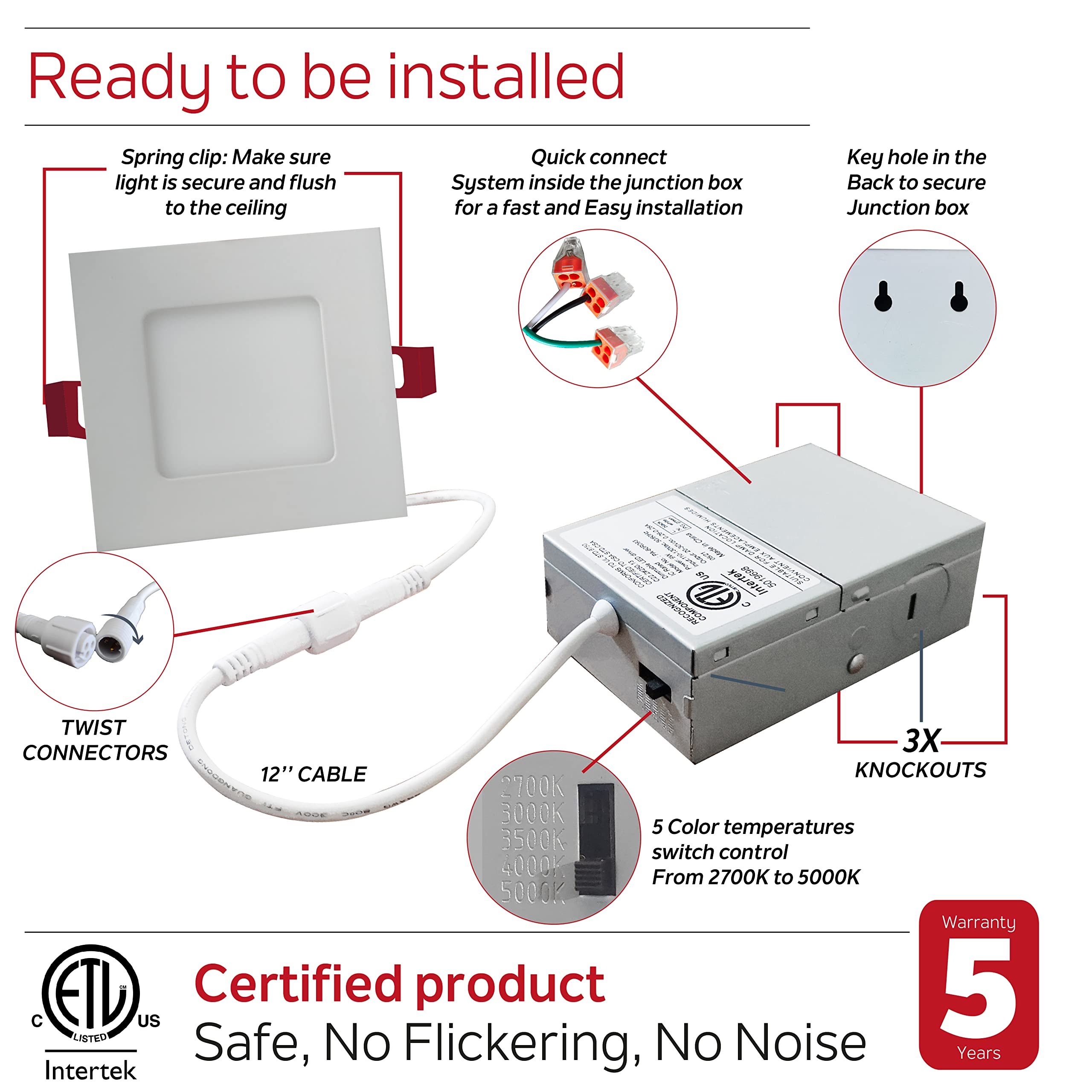 Nadair 12-Pack 4 Inch Square LED Ultra Slim Recessed Lights - 12W 900 Lumens - 5 Color Temperatures (2700K-5000K) - Dimmable IC Rated ETL Certified - White & Black Trim - Perfect for Kitchen, Living Room & Bedroom Lighting