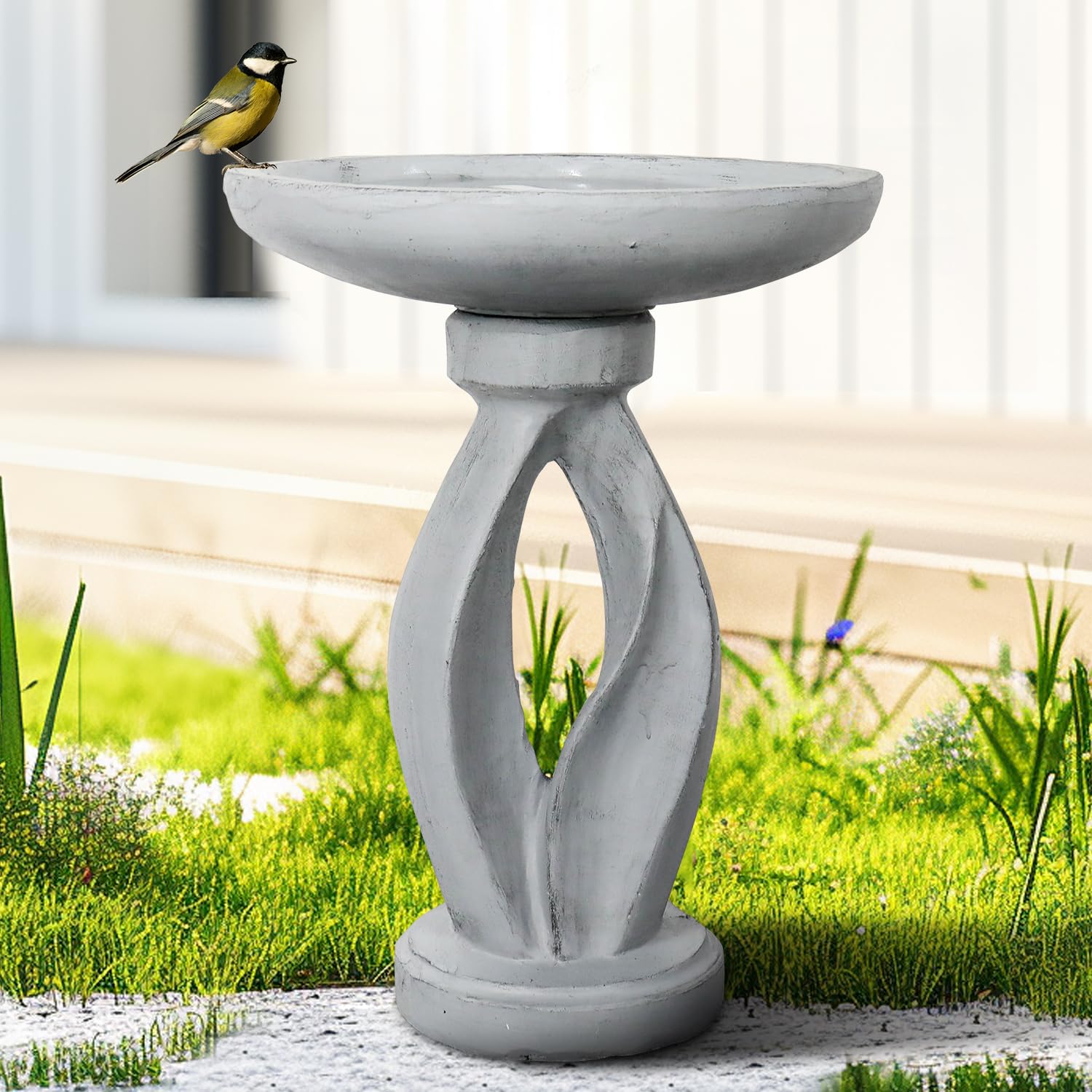 SunJet 21.8 Inch Modern Concrete Bird Bath - Sleek Minimalist Design, Sturdy & Elegant Garden Decor for Patio, Yard & Lawn | Attracts Birds & Enhances Outdoor Spaces