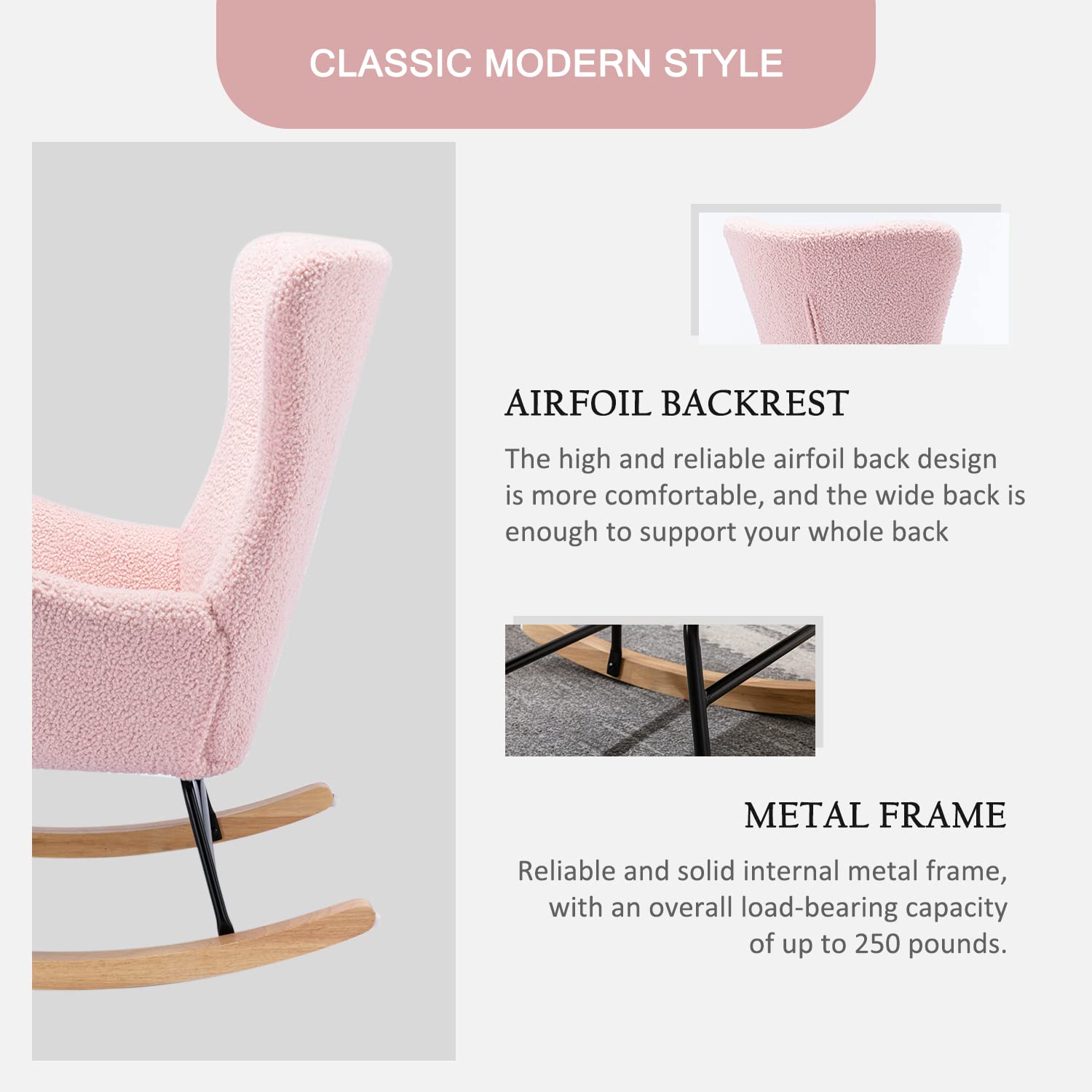 Comfy Upholstered Nursery Glider Rocker Chair with High Backrest & Armrests - Pink Small Rocking Chair for Living Room, Bedroom, Nursery & Baby Shower Gifts