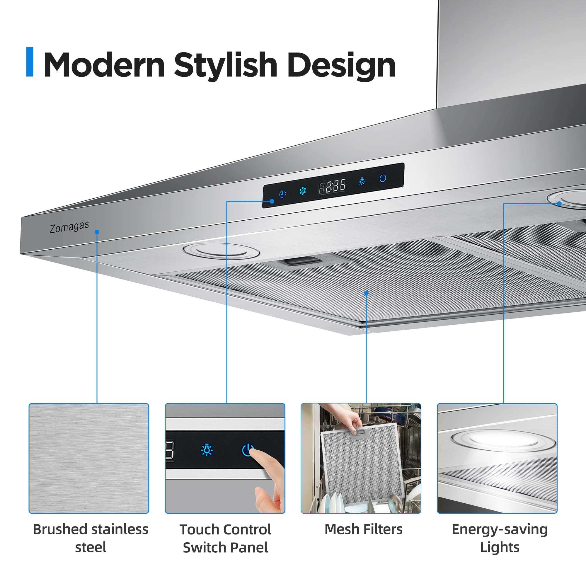 30 Inch Stainless Steel Range Hood - Wall Mount Kitchen Vent Hood with 3 Speed Settings, Touch Control & Energy-Saving LED Lights | Ducted/Ductless Convertible Design with 5-Layer Aluminum Filters | Perfect for Modern Kitchens, Restaurants & Open-Concept Homes
