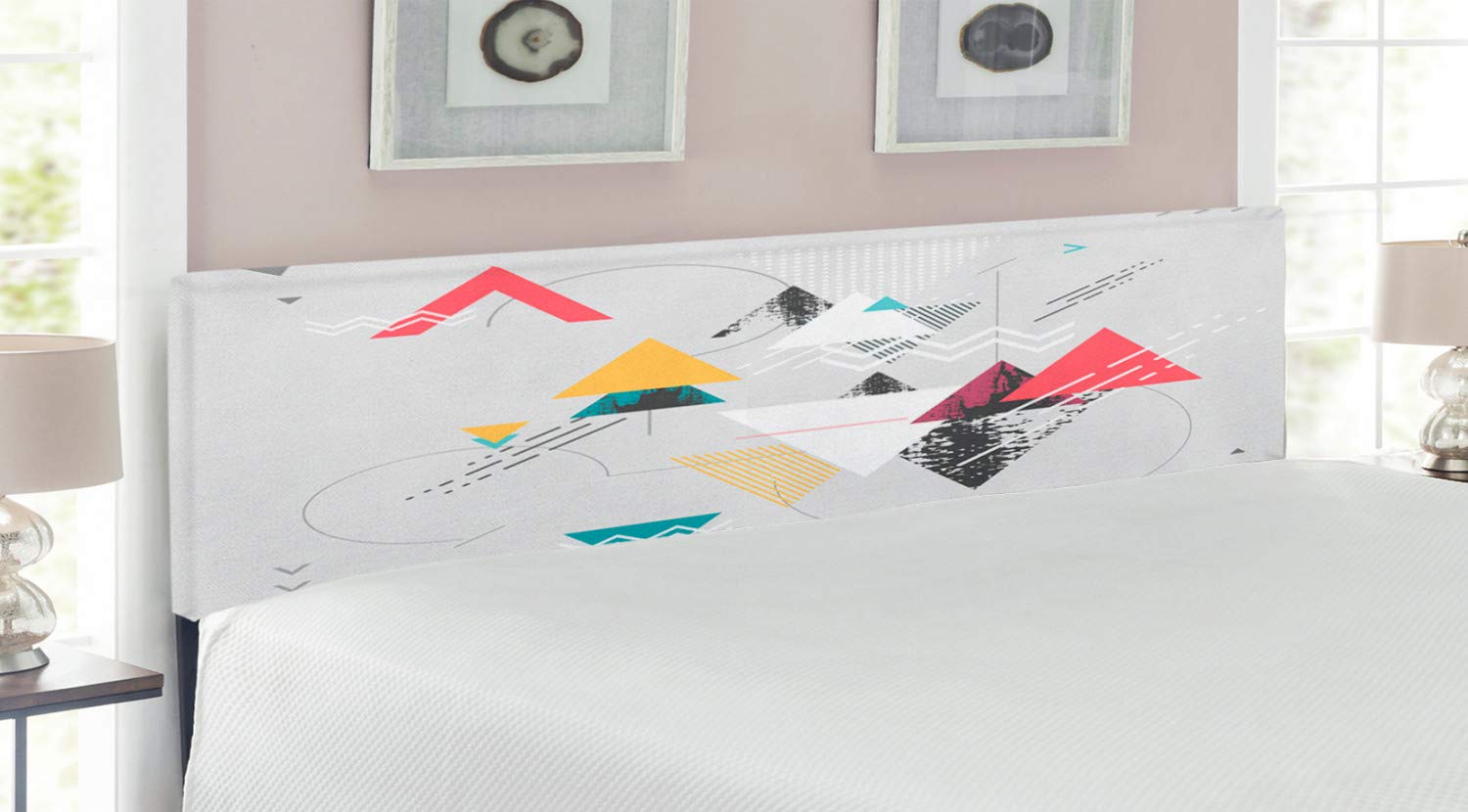 Ambesonne Abstract Geometric Modern Headboard with Triangle & Typed Art - Upholstered Metal Bed Headboard with Memory Foam - King Size in Mustard Pale Grey Teal - Perfect for Contemporary Bedroom Decor & Guest Room Upgrade