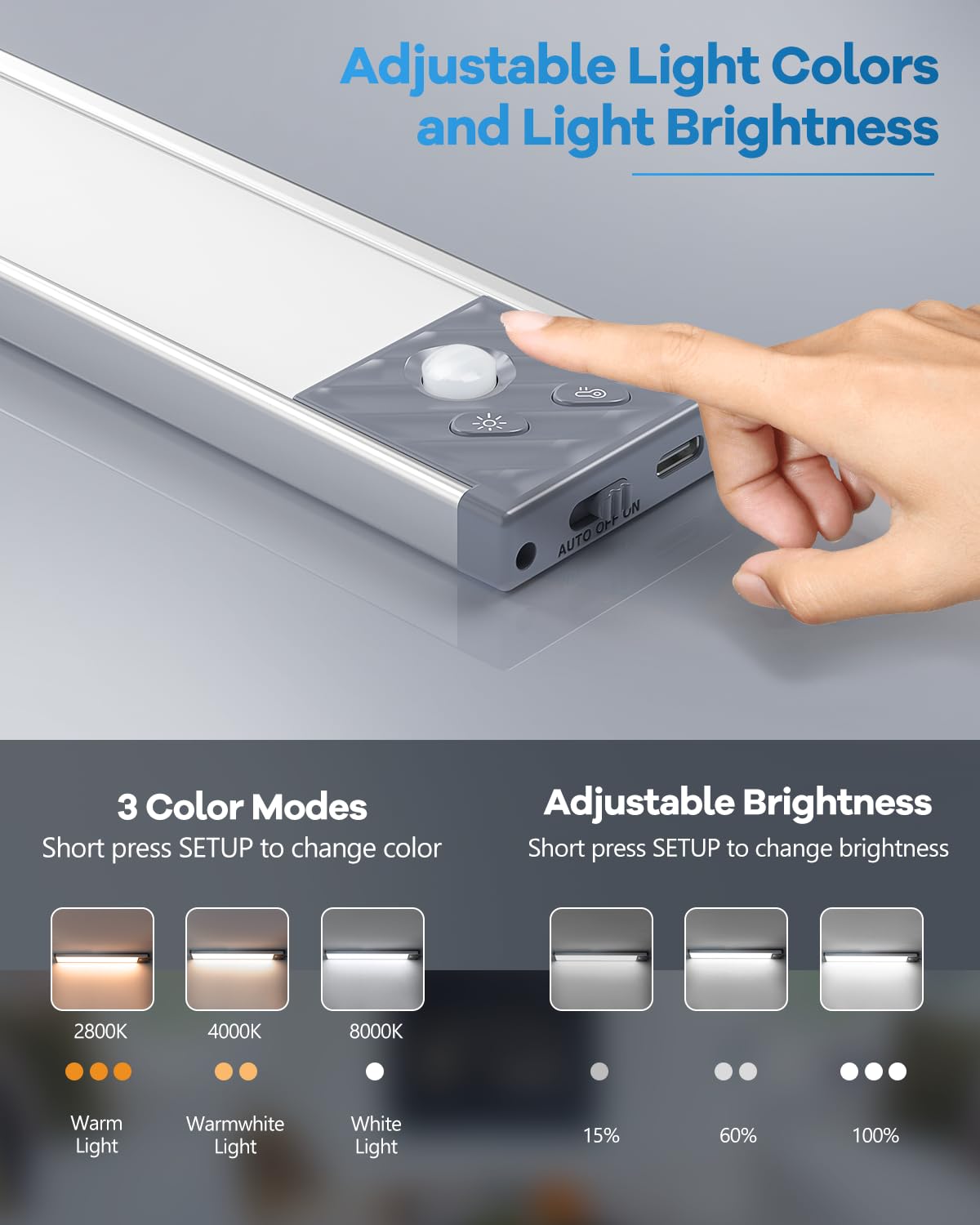 HIBOITEC 65 LED Under Cabinet Lighting - 3 Color Temperatures, Dimmable Motion Sensor Closet Lights, 2500mAh Rechargeable Wireless Under Counter Lights for Kitchen, Wardrobe, Pantry (Silver, 13.2 Inch) - Perfect for Nighttime Navigation & Task Lighting