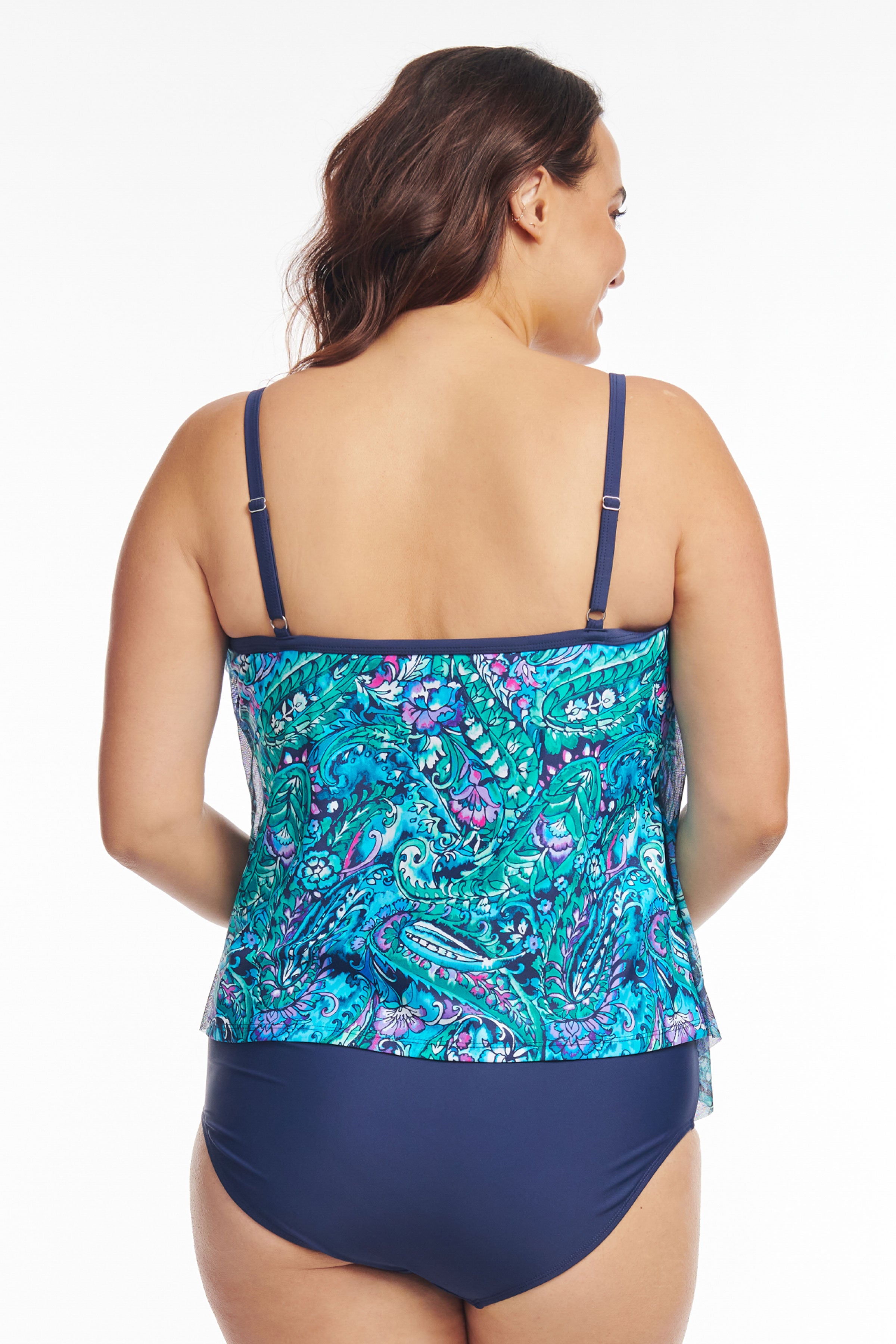 Plus Size Draped Tier Mesh Tankini Top - Flattering Swimwear for Women in Sea Breeze Paisley Print | Perfect for Beach Vacations, Pool Parties & Summer Getaways