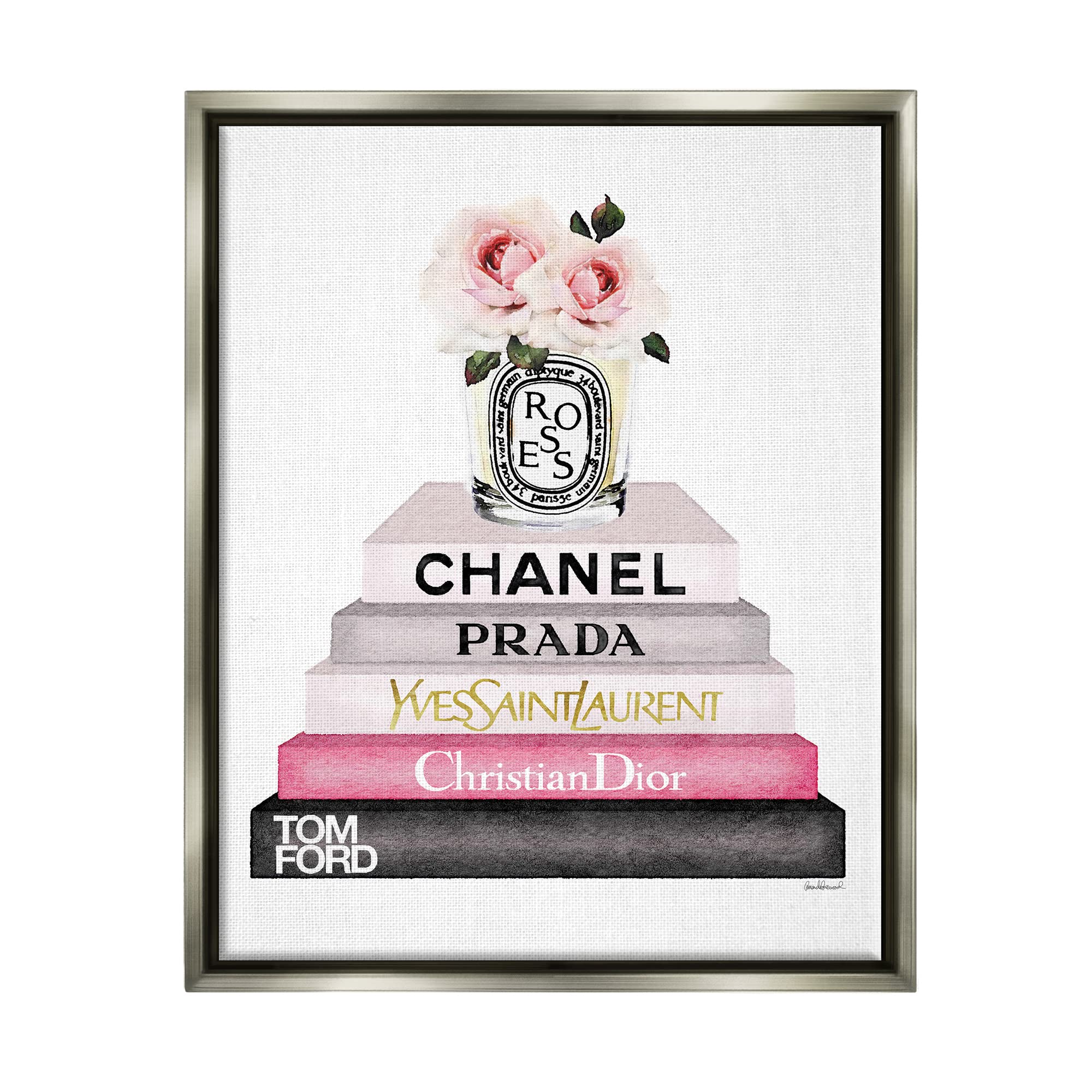 Stupell Industries Pink Rose Book Stack Fashion Candle - Amanda Greenwood Design | Home Decor, Gift Idea, Romantic Ambiance for Bedroom & Living Room