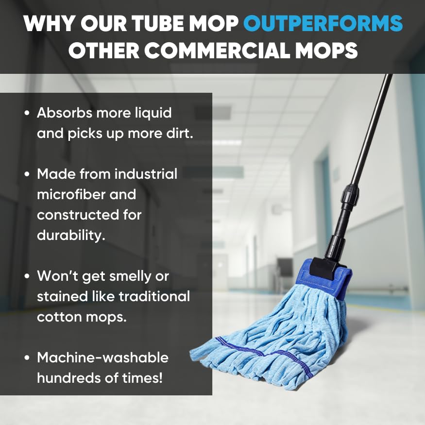 Bulk Commercial Mop Head Replacement (24 Pack) - Heavy Duty Microfiber Tube Mop Refills for Hardwood, Tile & Vinyl Floors | 14oz Machine Washable Industrial Wet Mops | Perfect for Schools, Hospitals & Office Cleaning