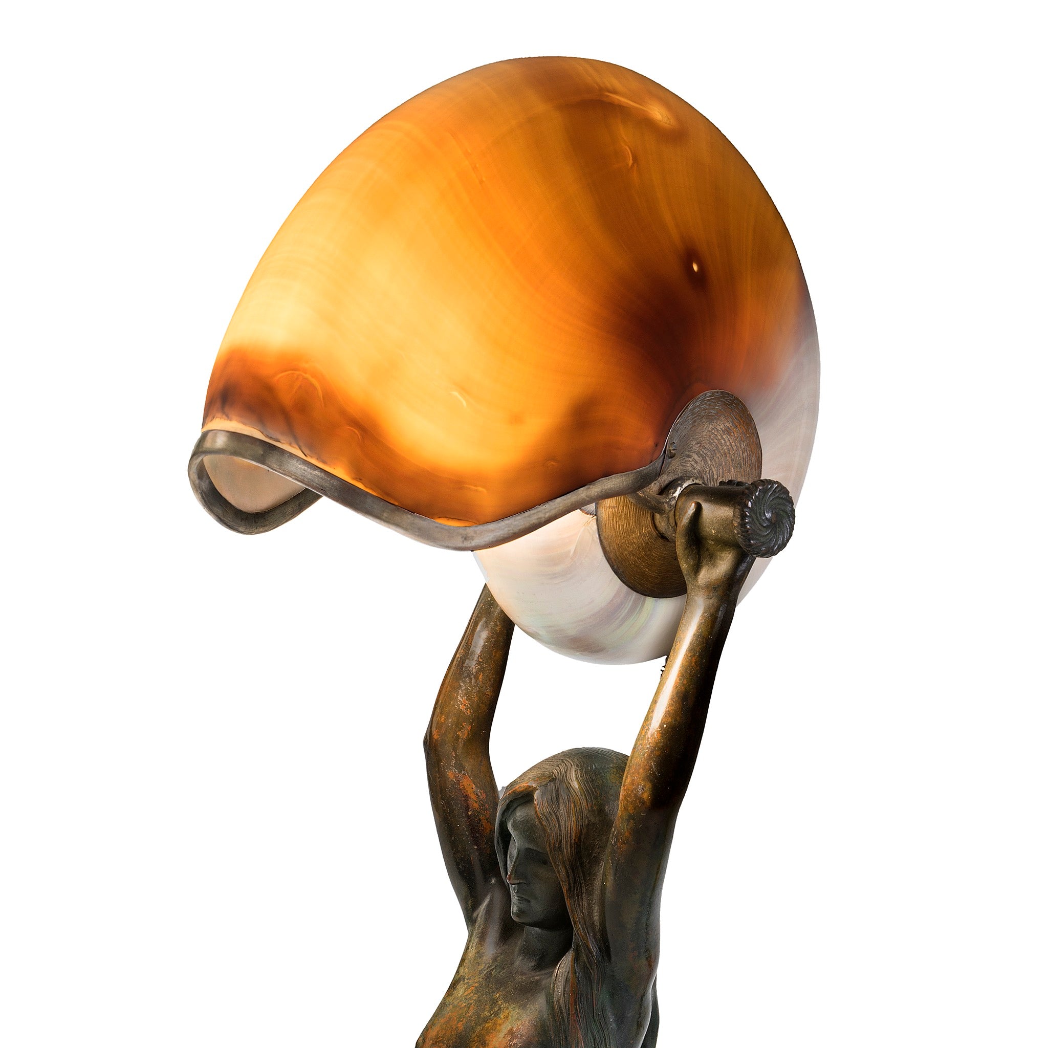 Tiffany Studios New York Nautilus Table Lamp With Mermaid Base - Handcrafted Stained Glass Lamp for Home Decor, Living Room, Bedroom Lighting