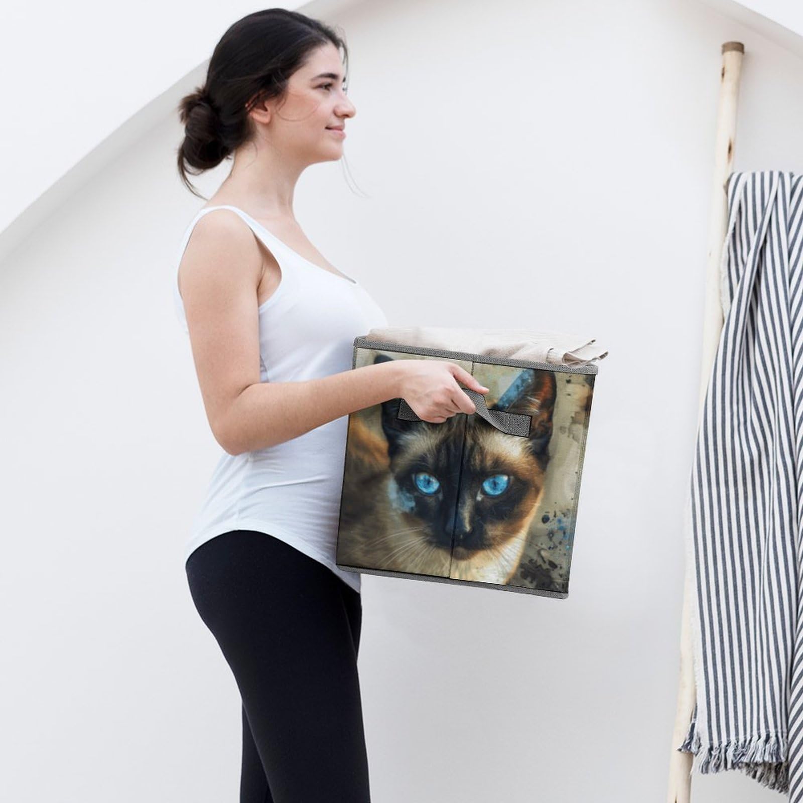 Collapsible Storage Cubes with Handles - 10.6×10.6 Inch Foldable Fabric Bins for Home Organization | Siamese Cat Printed Design | Perfect for Closet, Nursery, Office & Laundry Room Storage