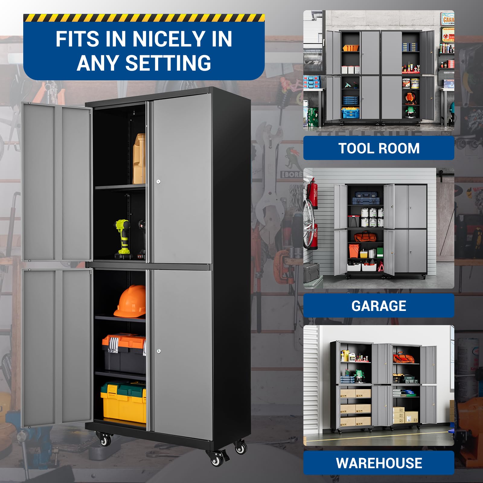 Heavy Duty Rolling Metal Storage Cabinet with Adjustable Shelves & Lockable Doors - Black & Gray Tool Cabinet for Garage, Workshop & Home Organization