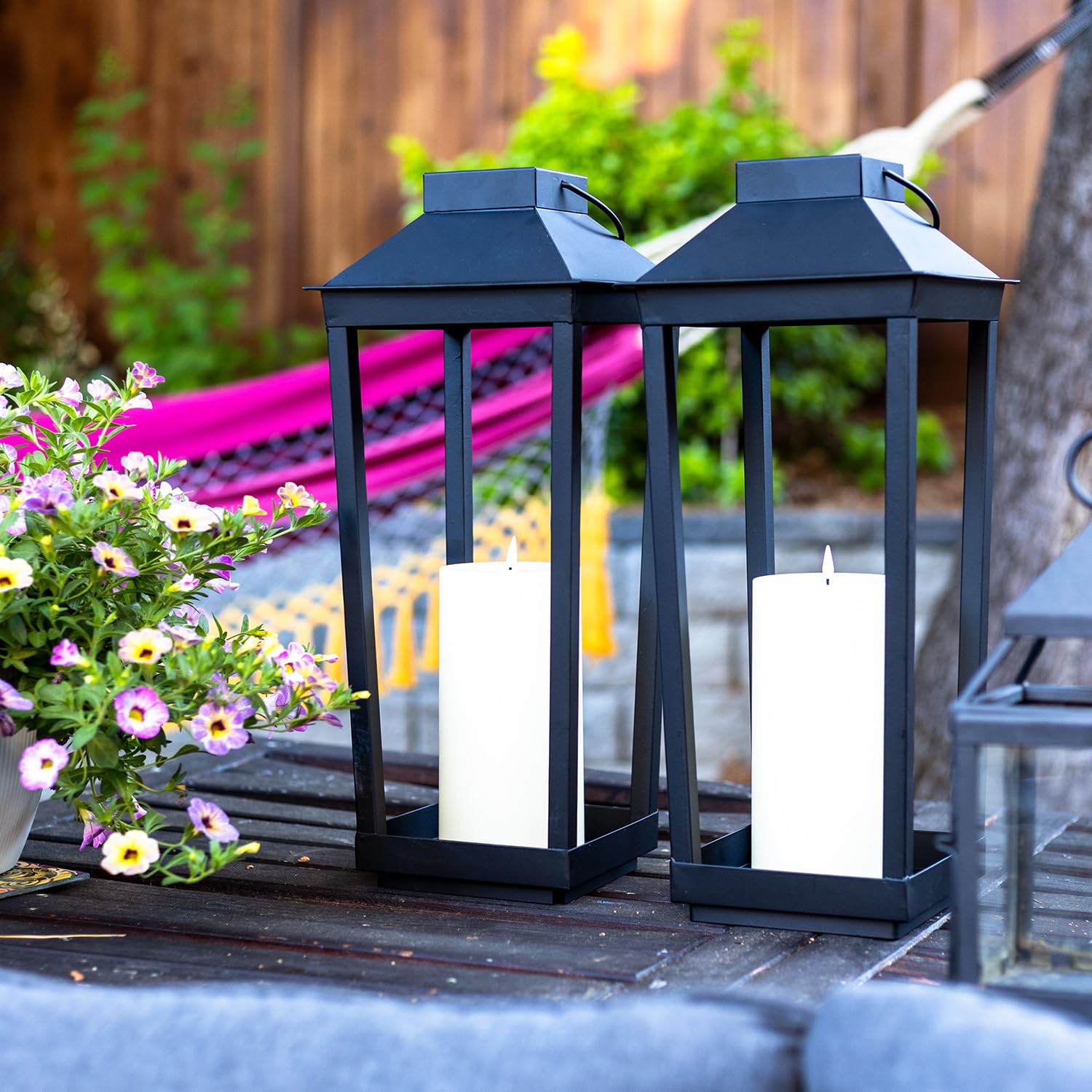 19 Inch Black Metal Solar Powered Outdoor Lantern - Open Frame Design with Flickering LED & Dusk to Dawn Timer | Flameless Candle Lantern for Porch, Patio, Garden & Pathway Lighting | Weather Resistant Decorative Lighting for Outdoor Spaces