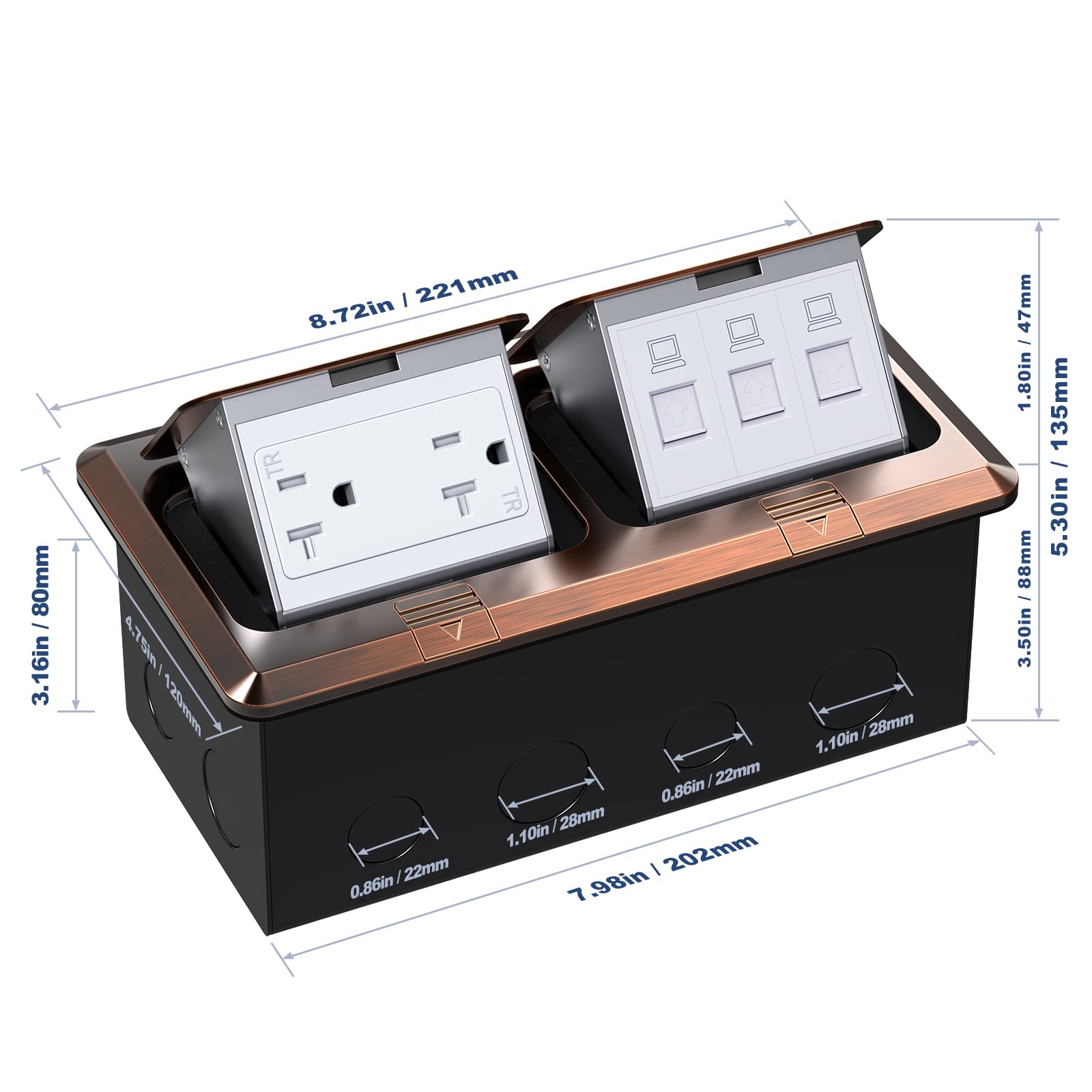 Dual Pop-Up Floor Box Electrical Kit (TR-20A, Bronze) - Recessed Power Outlet for Home & Office - Perfect for Conference Rooms, Living Rooms, and Workspaces