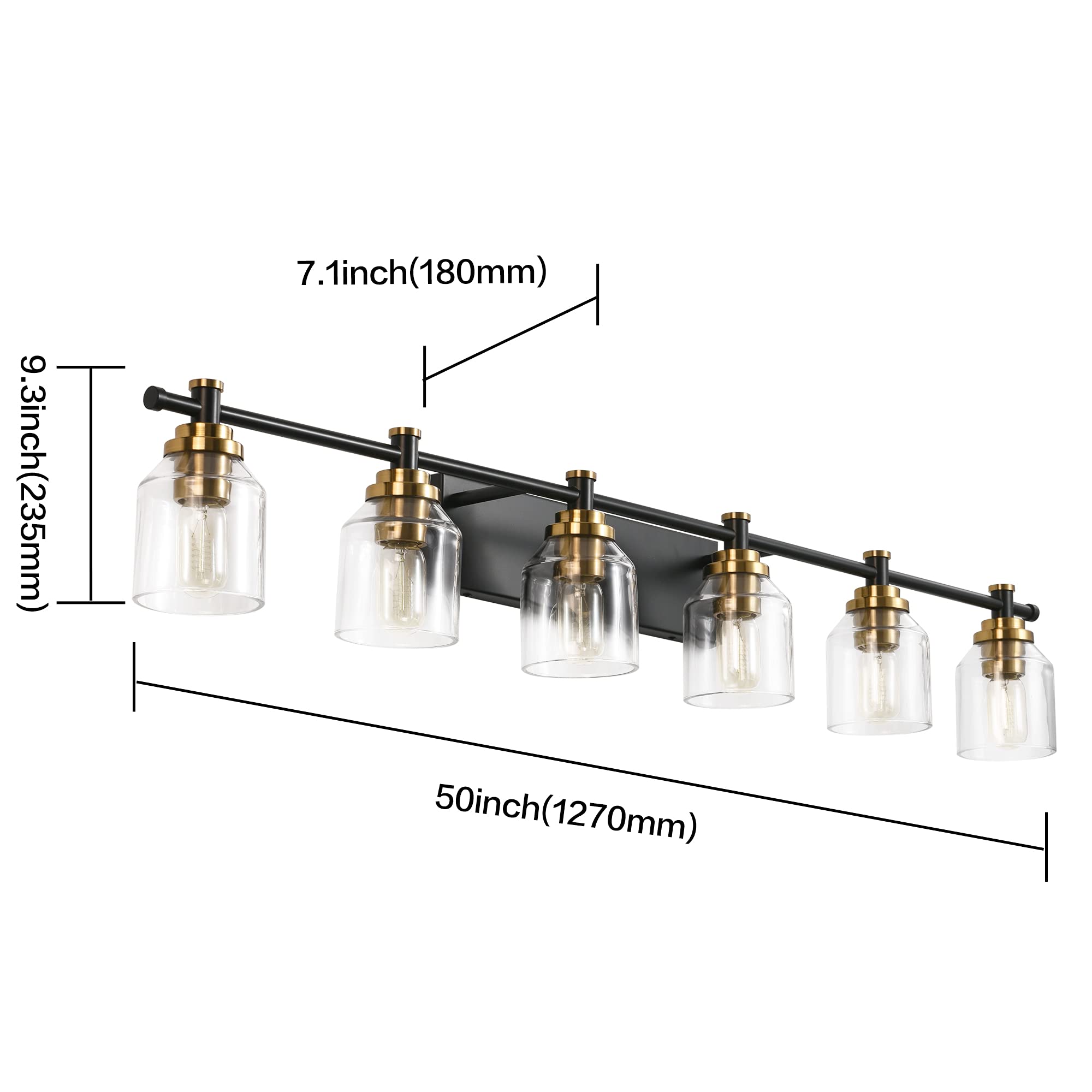 SOLFART 6-Light Black Brass Bathroom Vanity Light Fixture - Vintage Style Mirror Lighting with Thick Clear Glass Shades for Bathroom, Powder Room & Dressing Area