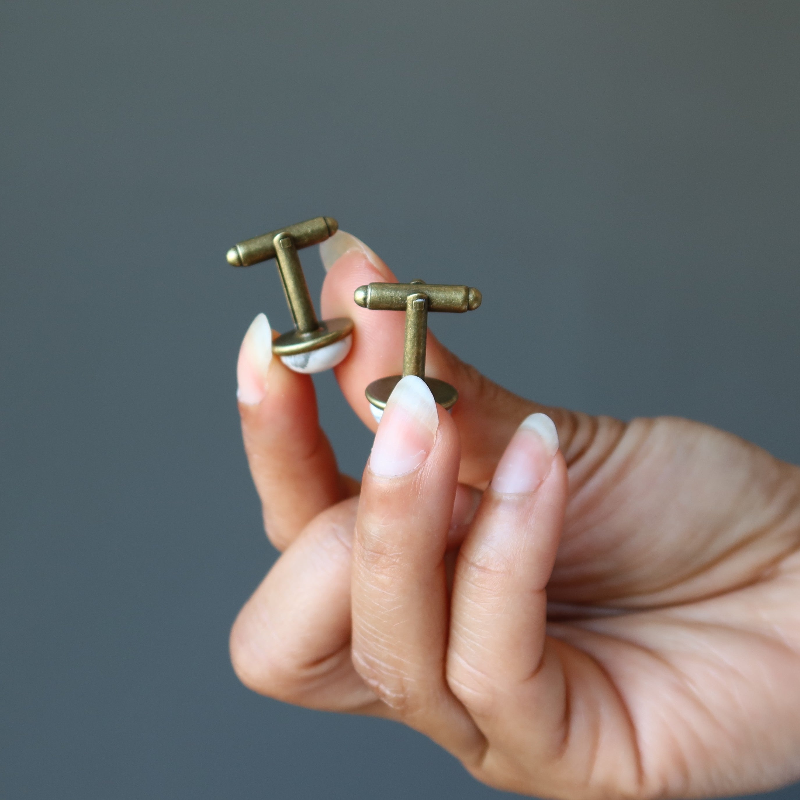 Vintage Howlite Stone Cufflinks - White Howlite with Antique Bronze Finish for Men's Formal Wear & Wedding Attire