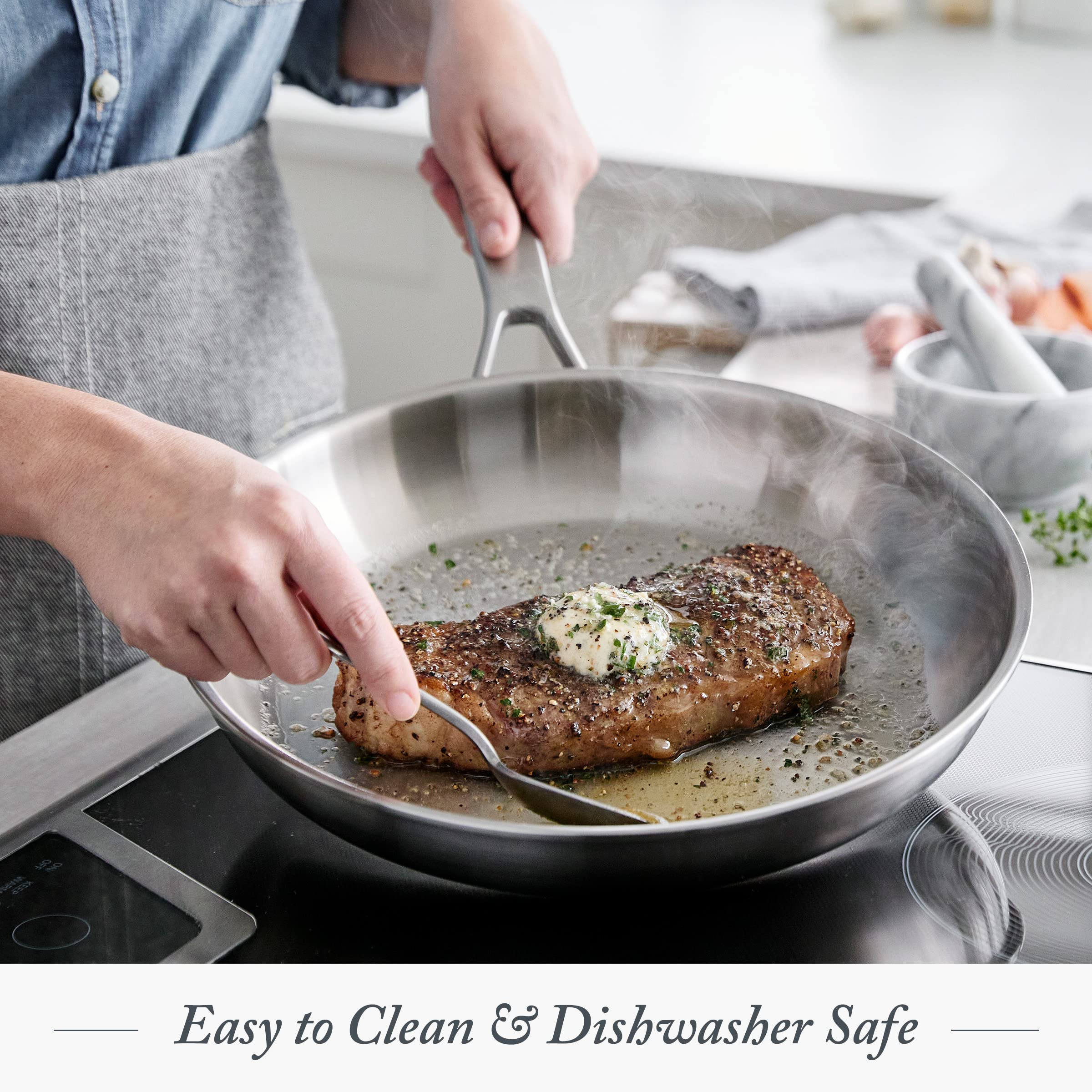 Merten & Storck Tri-Ply Stainless Steel 10” & 12” Frying Pan Skillet Set - Professional Multi-Clad Cookware with Even Heat Distribution, Drip-Free Pouring Edges, Induction Compatible - Perfect for Browning, Searing & Sauteing - Oven & Dishwasher Safe for Easy Cleaning