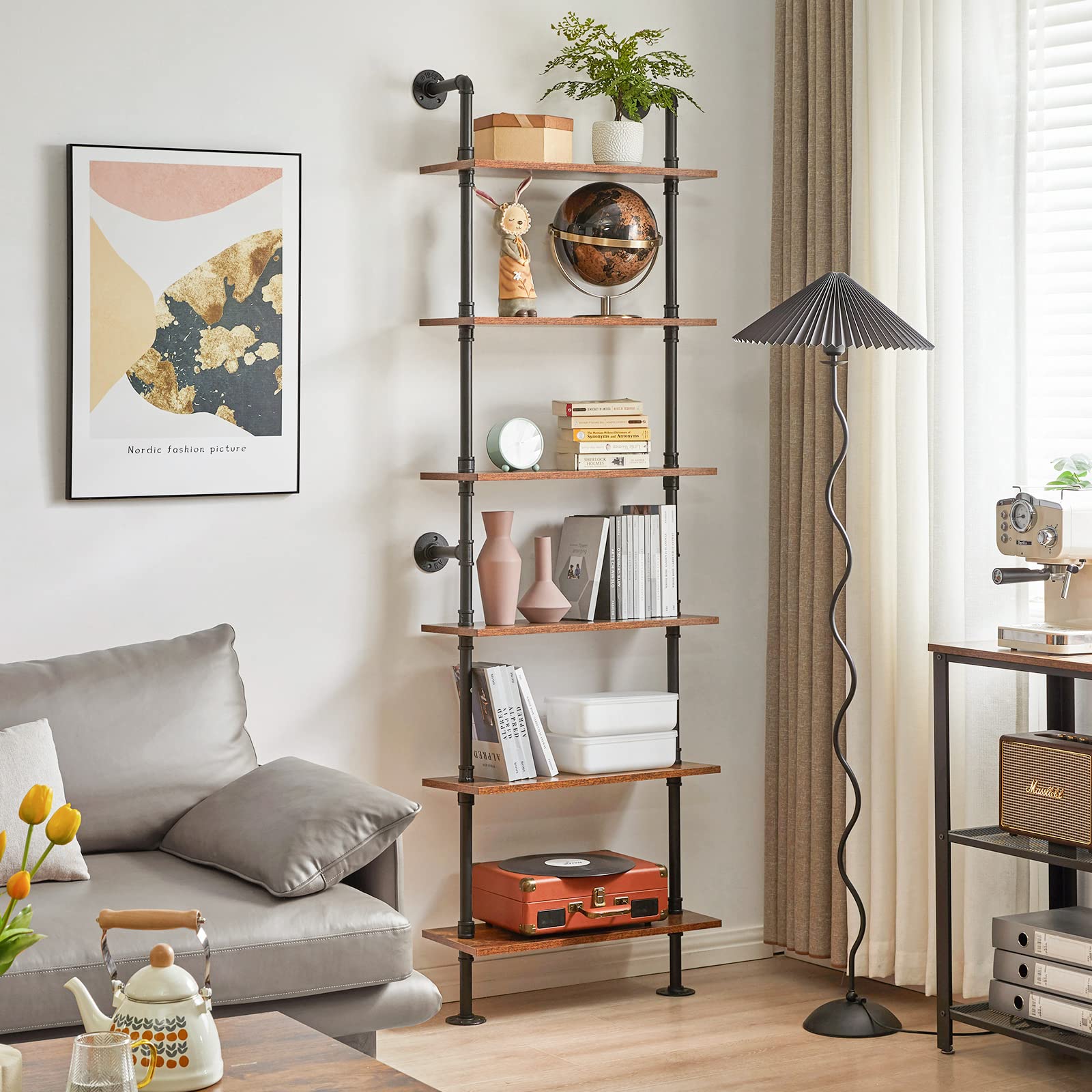 Industrial Pipe Ladder Shelf - 6-Tier Wall Mounted Bookcase with Sturdy Metal Frame, 78.7