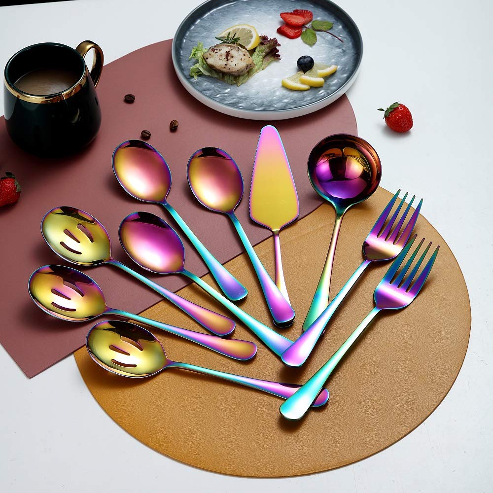 Rainbow 10-Piece Stainless Steel Flatware Set - Includes Slotted Spoon, Cake Server, Fork & Soup Ladle - Perfect for Dinner Parties, Catering & Home Entertaining