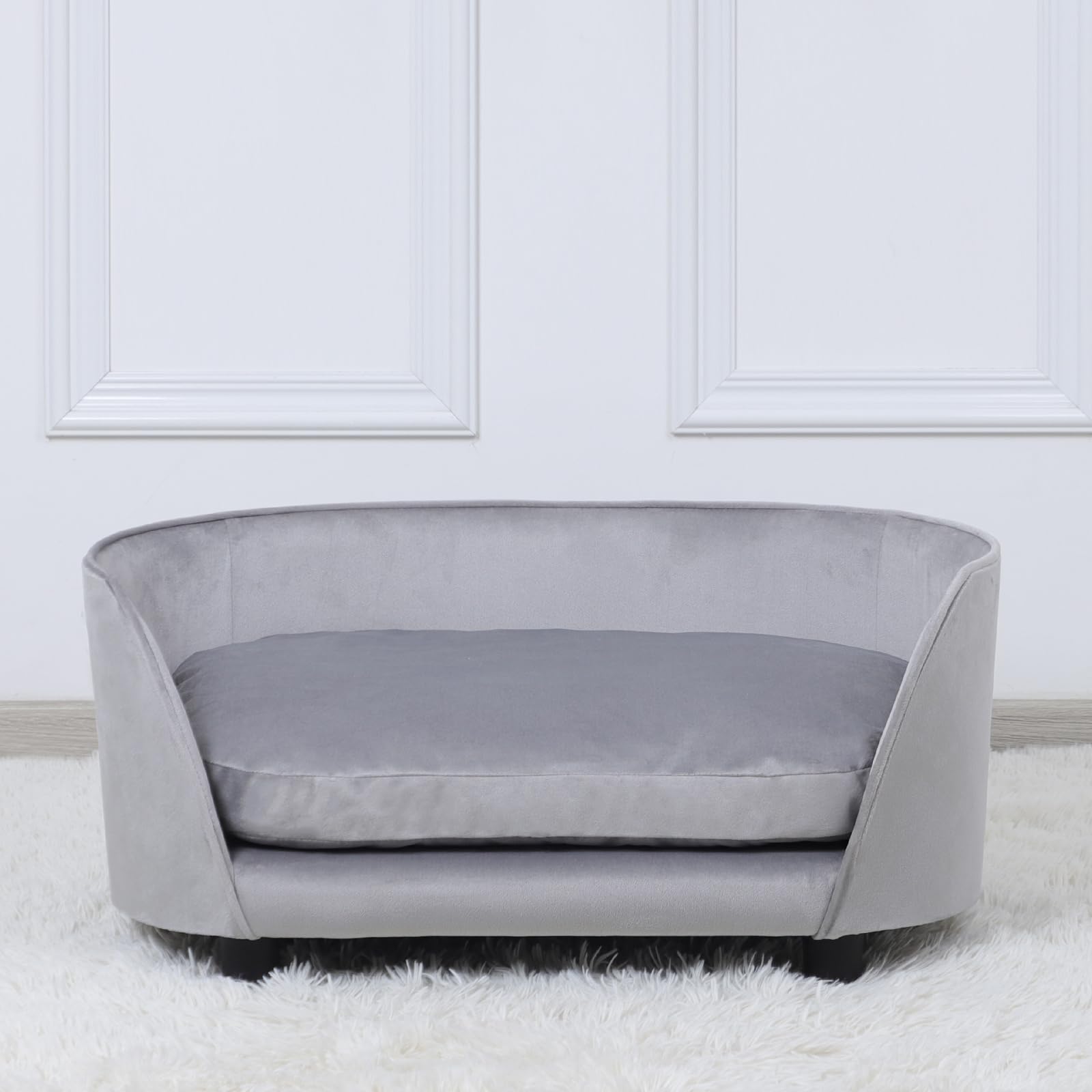 Premium Wooden Pet Sofa Bed - Washable Velvet Couch for Small Dogs & Cats - Cozy Pet Bed with Removable Cushion & Sturdy Frame (Grey) - Perfect for Living Room, Bedroom or Pet Corner
