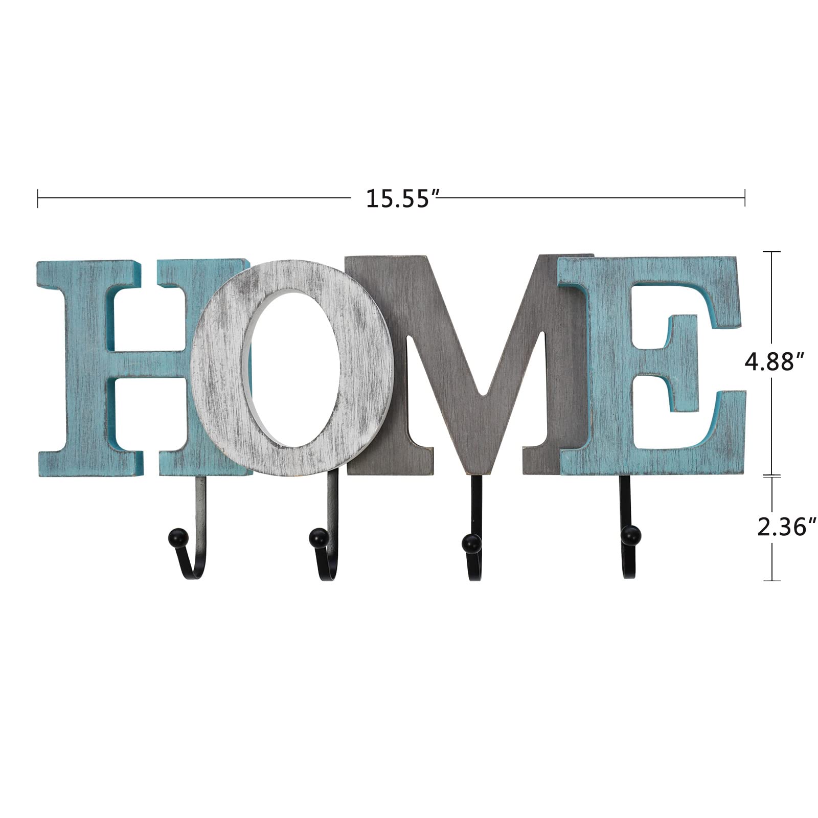 Rustic Teal Wooden Home Sign with Hooks - Farmhouse Wall Decor for Keys, Towels & Coats - Perfect for Entryway, Kitchen or Bathroom Organization