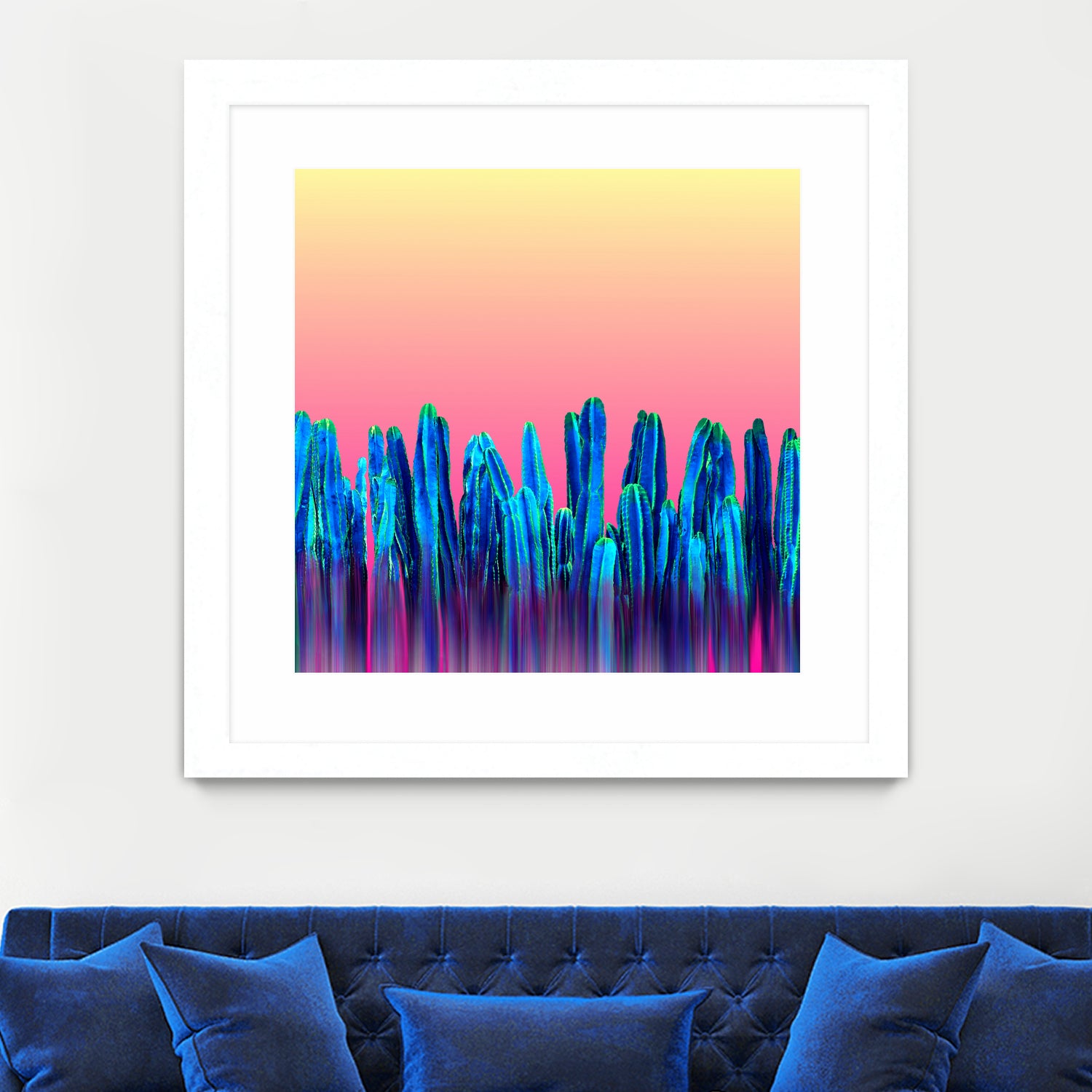 Vibrant Sunset Blue Cactus Glitch Print T-Shirt - Trendy Graphic Tee for Men & Women | Perfect for Music Festivals, Streetwear & Casual Outfits