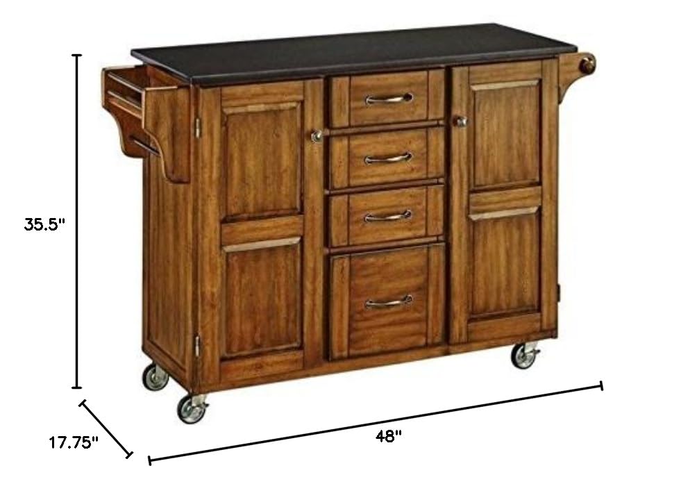 **BOWERY HILL Black Granite Top Kitchen Cart with Cottage Oak Wood Frame - Perfect for Small Spaces, Kitchen Storage & Serving Buffet**