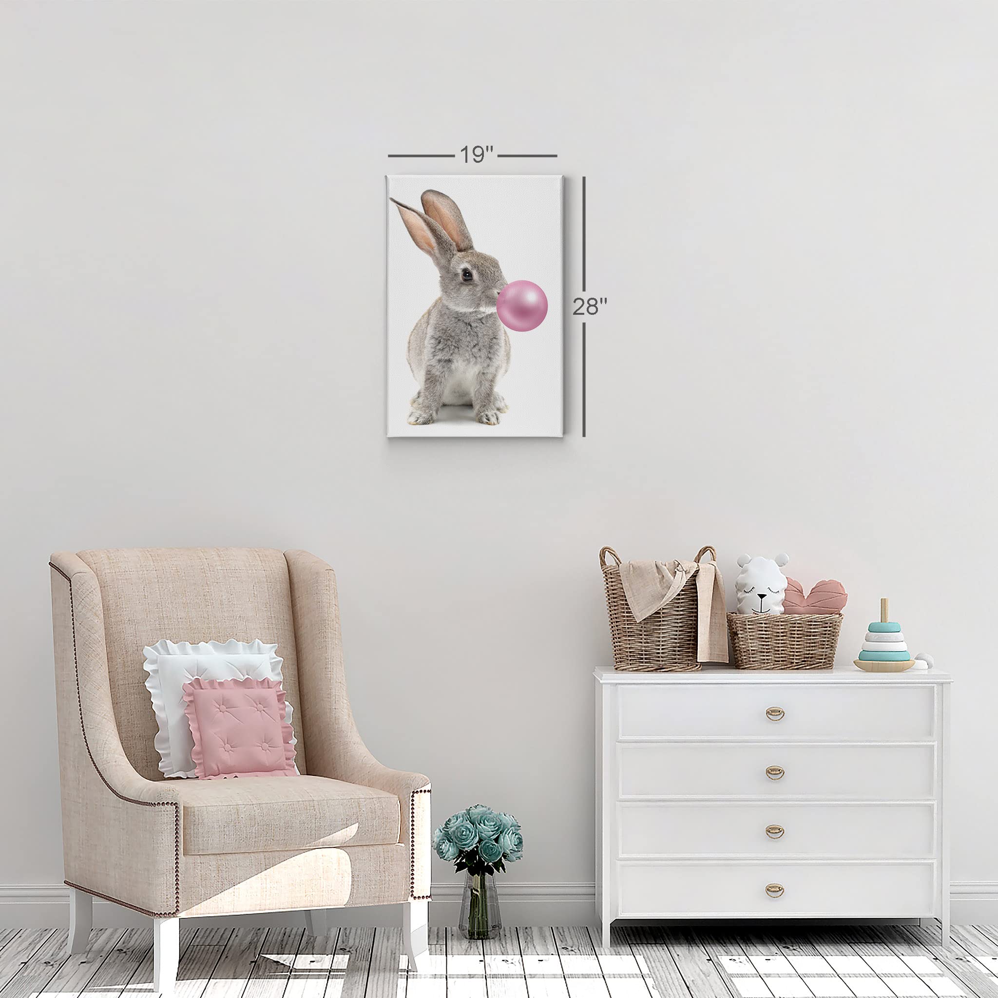 Smile Art Design Bunny Rabbit Canvas Print - Pink Bubble Gum Art Wall Decor for Kids Nursery, Handmade in USA, 40x30 Inch, Ready to Hang - Perfect for Baby Room, Children's Bedroom & Playroom Decor