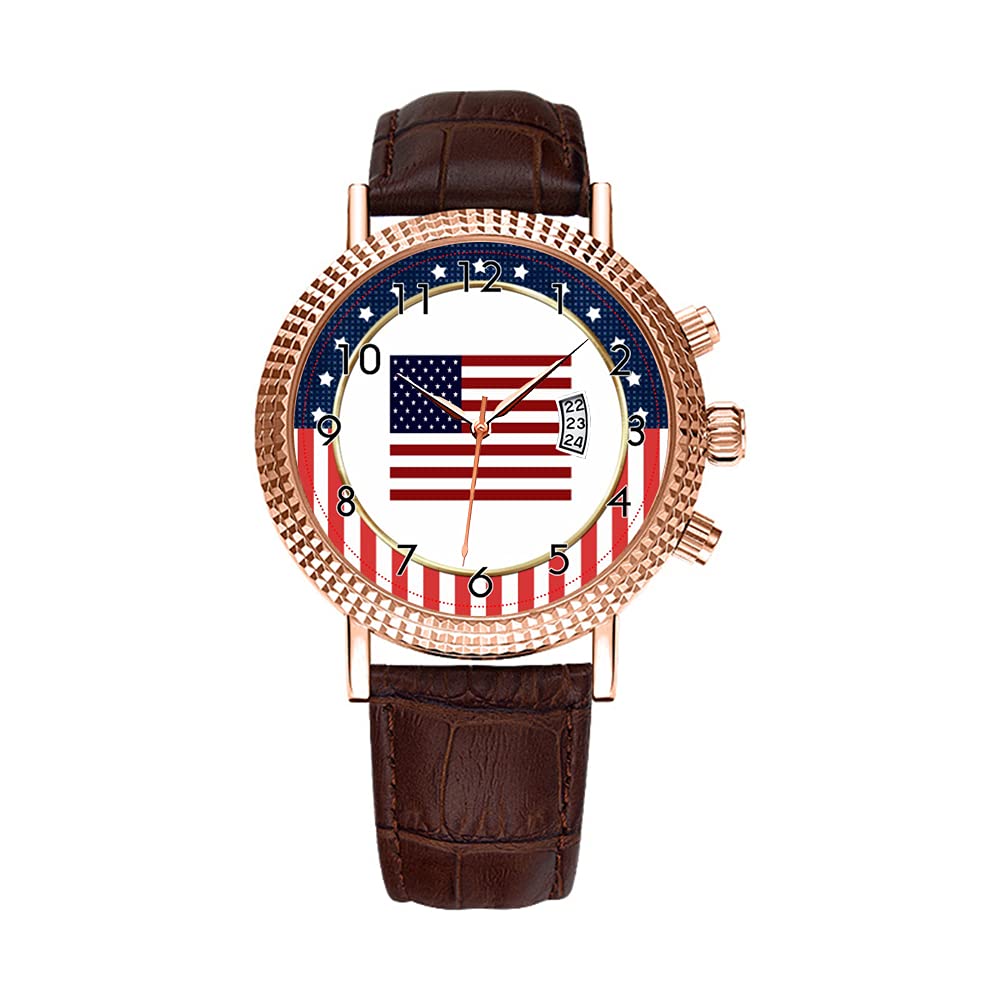 Luxury Rose Gold Men's Watch - Waterproof Quartz with Leather Band for Business & Patriotic Style