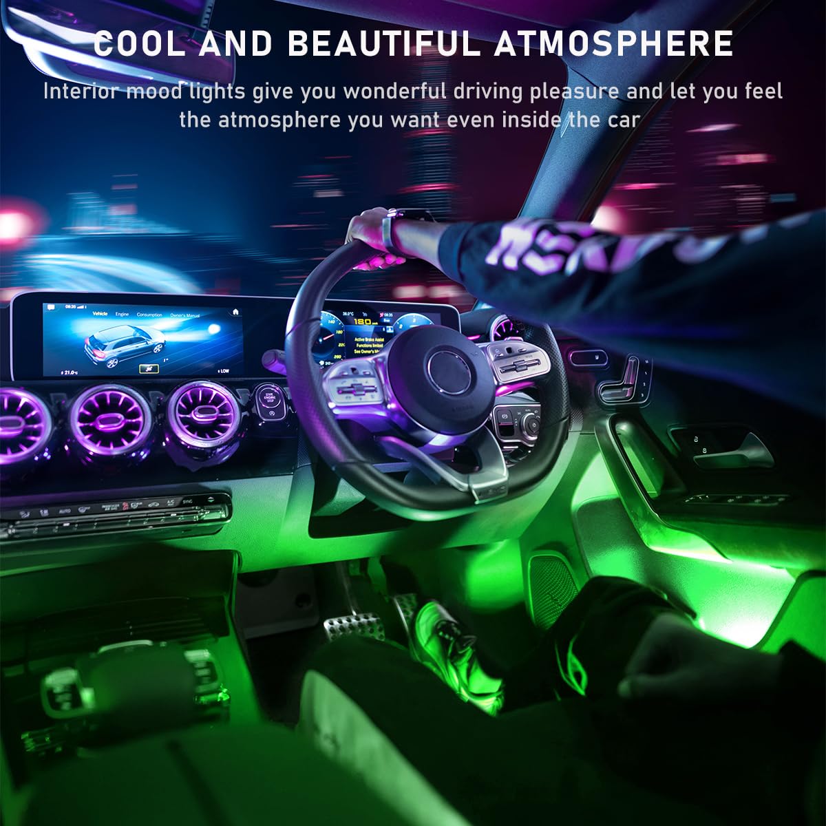 RGB LED Car Interior Strip Lights - 48 LED Auto Atmosphere Lighting Kit with Cigarette Lighter Power, Under Dash Ambient Night Light for Cars, Trucks & SUVs (Green) - Perfect for Interior Decoration, Mood Lighting & Night Driving