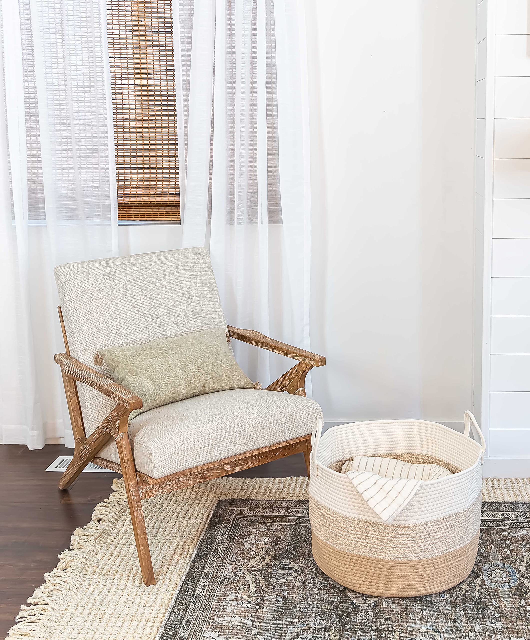 OrganiHaus Large Woven Storage Basket 20x13 Inch - Boho Chic Cotton Rope Laundry Hamper & Blanket Organizer for Living Room, Bedroom, Nursery - Perfect for Home Decor, Kids Toy Storage & Clothes Organization