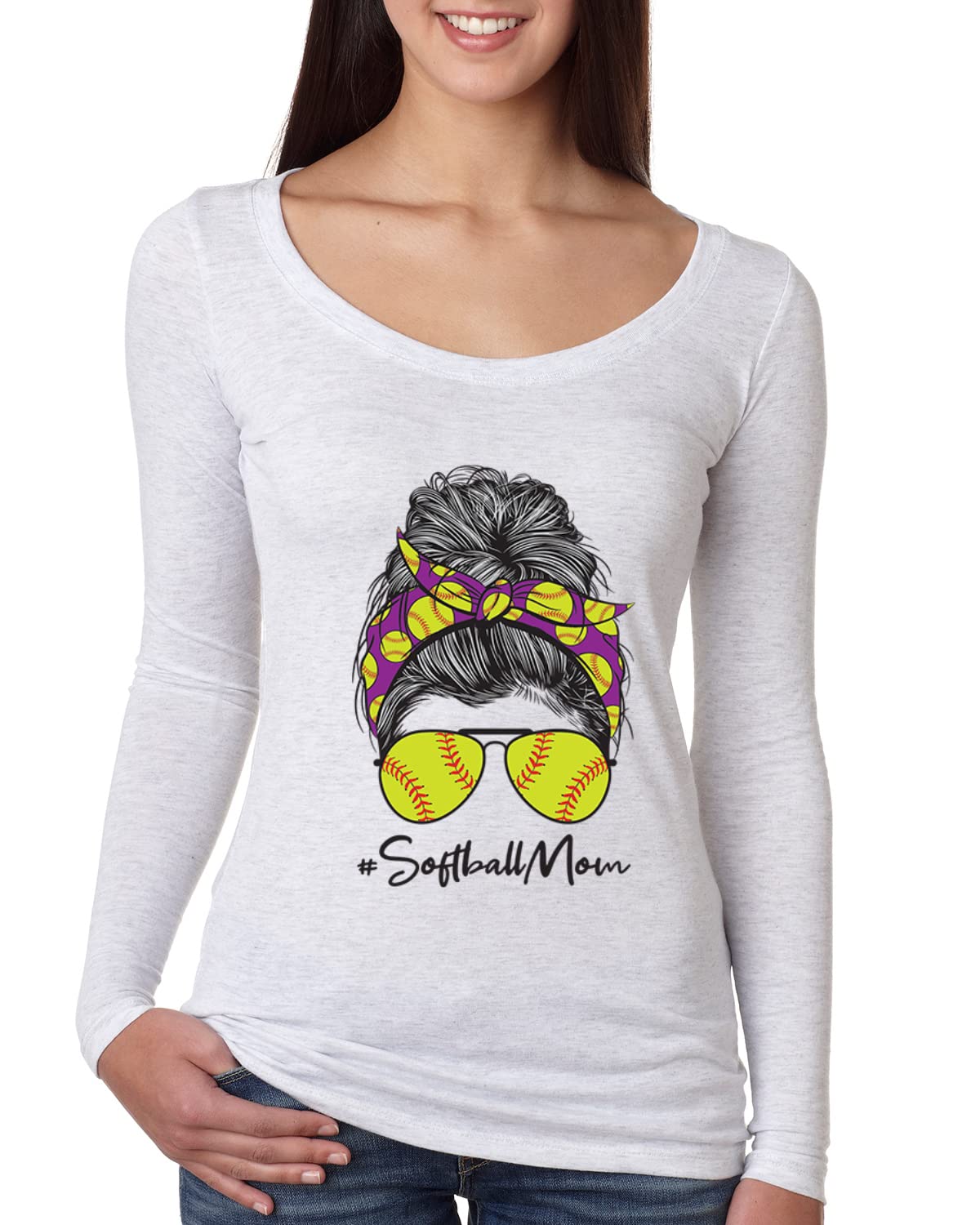 Messy Bun Softball Mom T-Shirt | Long Sleeve Scoop Neck Top for Women - Perfect for Game Day, Mother's Day & Sports Lovers - Soft & Comfortable Casual Wear for Baseball Moms & Team Spirit