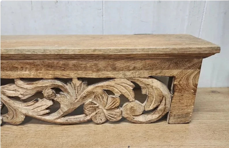 Hand Carved Mango Wood Floating Shelf - Natural Timber Wall Decor for Living Room, Bedroom & Office - Rustic Home Storage & Display Solution