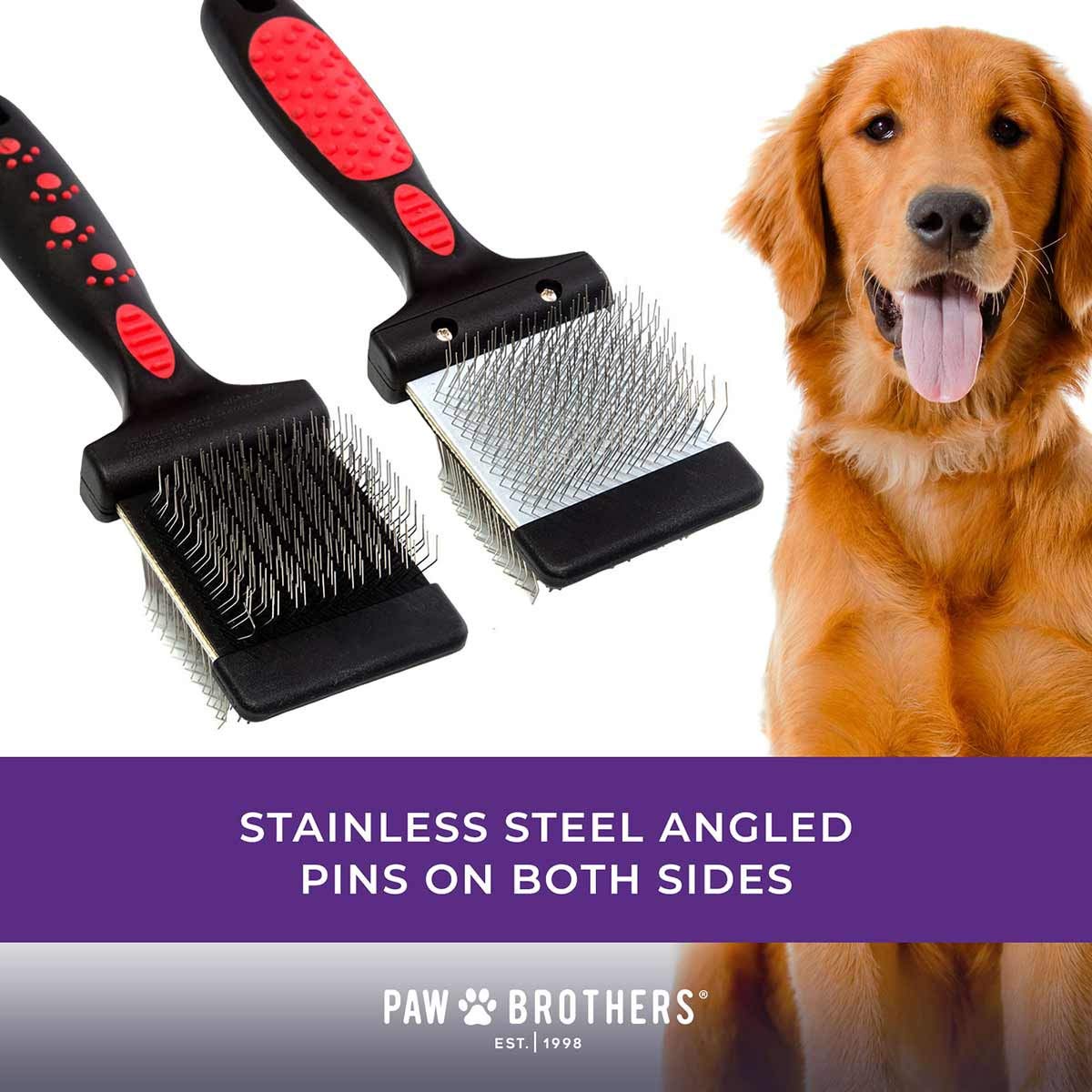 Ryan's Pet Supplies Paw Brothers Double Sided Firm Flex Slicker Brush for Dogs & Cats - Professional Grooming Tool with Angled Stainless Steel Pins, Comfort Grip Handle & Flexible Head - Perfect for Long/Short Hair, Shedding Control & Coat Detangling