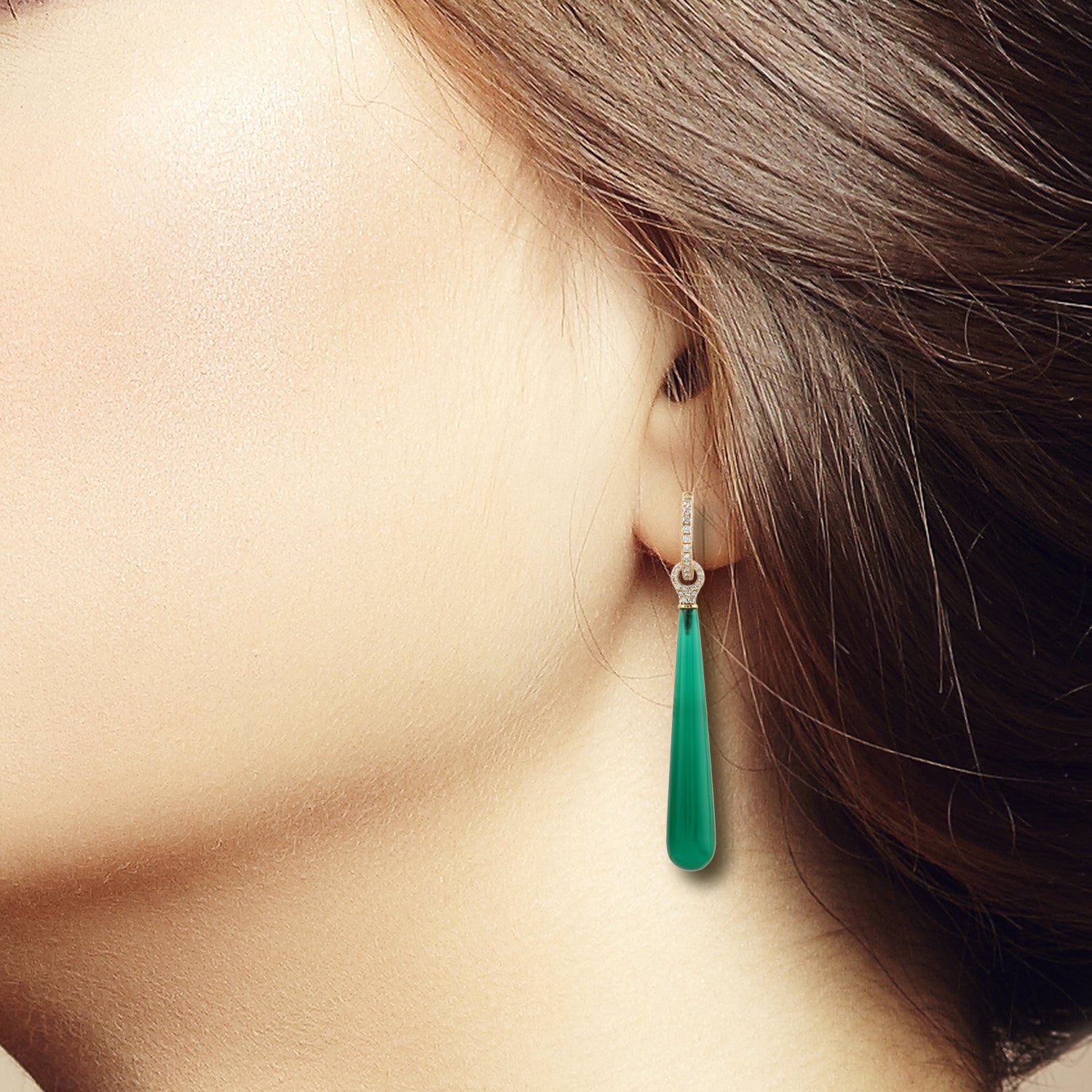 18K Yellow Gold Green Onyx Diamond Drop Dangle Earrings for Women - Elegant Jewelry Gift for Weddings, Parties & Special Occasions