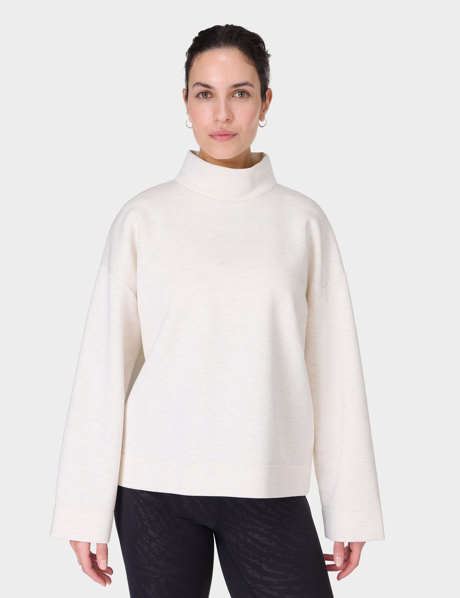 Cozy Wind Down Funnel Neck Sweatshirt - Soft White Marl Pullover for Women | Perfect for Relaxing at Home, Lounging & Casual Outfits