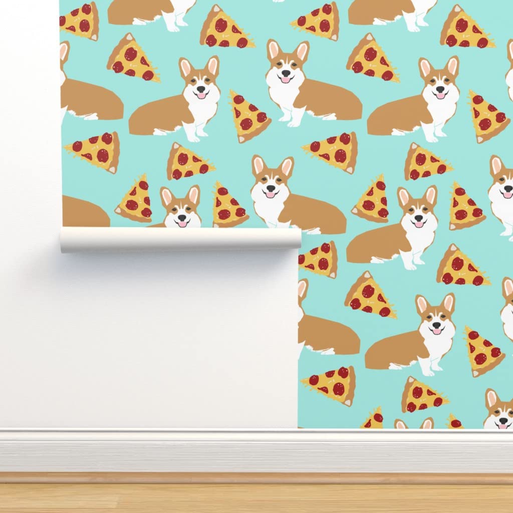 Corgi Pizza Mint Green Peel & Stick Wallpaper - 3ft x 2ft Removable Self-Adhesive Wall Decal for Nursery, Kids Room, Kitchen Decor | Cute Pet Dog & Food Themed Design by Spoonflower