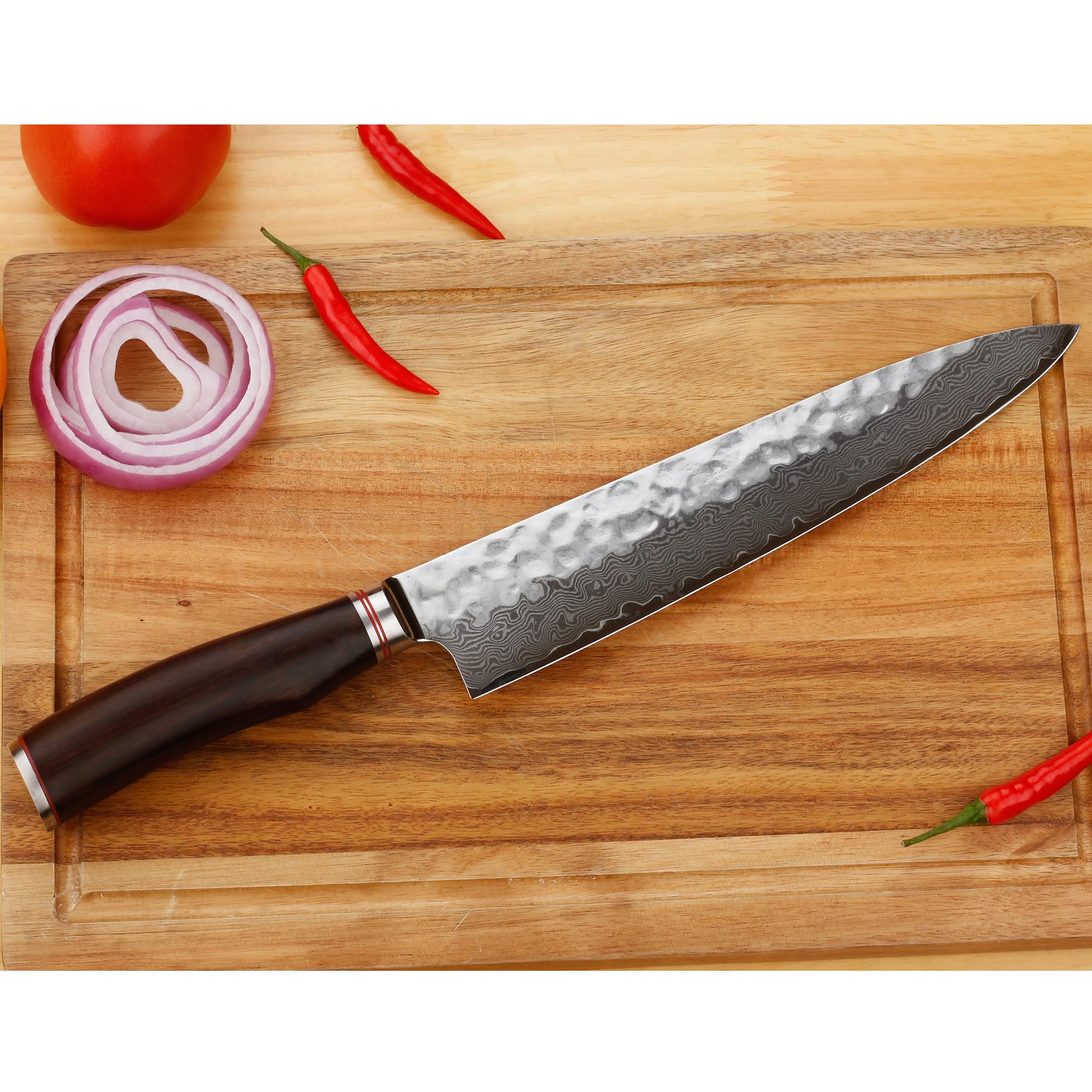 YOUSUNLONG 12-inch Professional Japanese Damascus Steel Gyuto Chef Knife - Razor Sharp Kitchen Knife with Hammered Finish & Ebony Wood Handle - Includes Leather Sheath - Perfect for Slicing, Dicing, and Precision Cooking