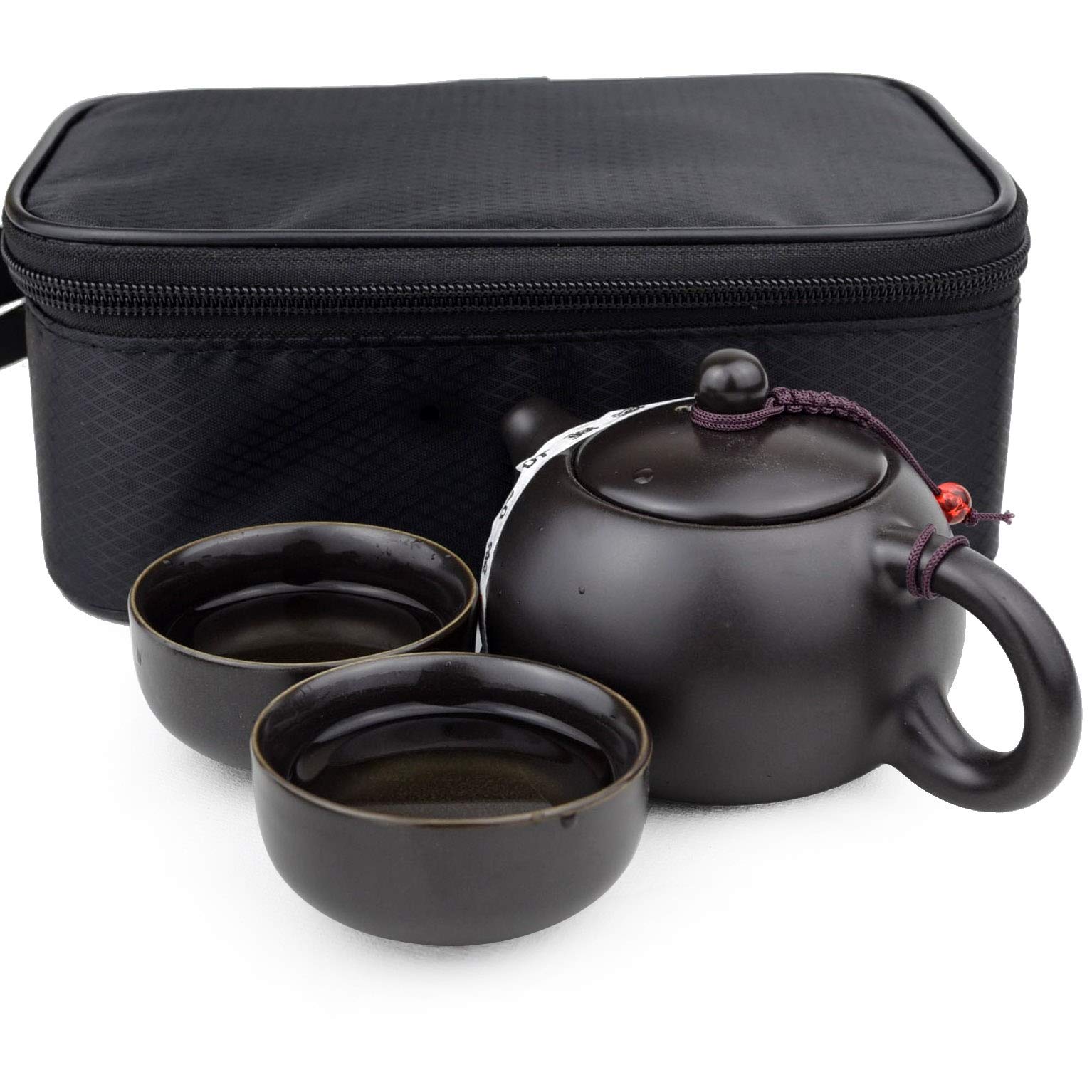 Premium Chinese Ceramic Teapot Set - White, Cyan & Black Travel Xishi Pot with 2 Cups (Black 1 Pot 2 Cups) | Portable Tea Brewing Kit for Home, Office & Outdoor Picnics