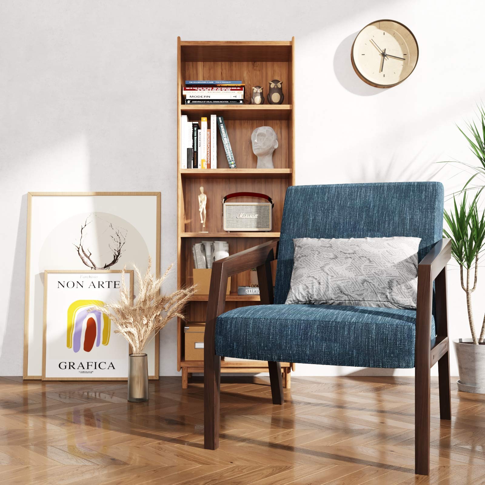 HUIMO Mid-Century Modern Wooden Accent Arm Chair - Elegant Upholstered Lounge Chair with Linen Fabric for Living Room, Bedroom & Office - Blue Reading Side Chair - Perfect for Relaxing, Reading & Home Decor