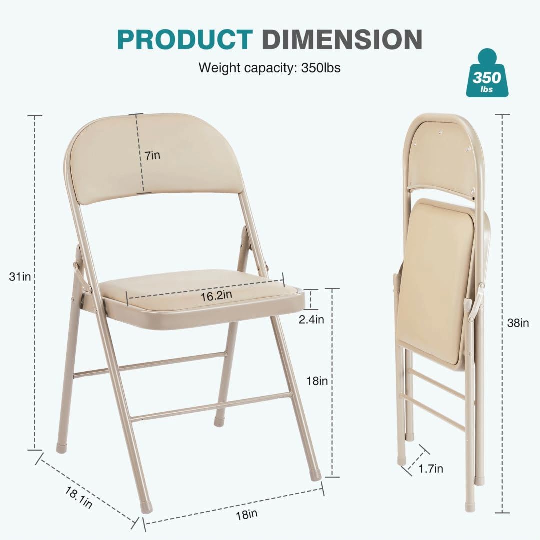 4-Pack Padded Folding Chairs with Cushion - Stackable Acrylic Portable Chairs for Outdoor, Indoor, Office & Events - Comfortable Seating for Parties, Picnics, Weddings & Meetings (Khaki)