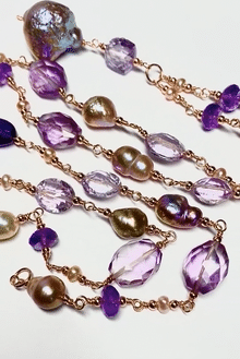 Elegant Long Amethyst Gemstone & Baroque Pearl Necklace in Rose Gold - Perfect for Weddings, Parties & Special Occasions