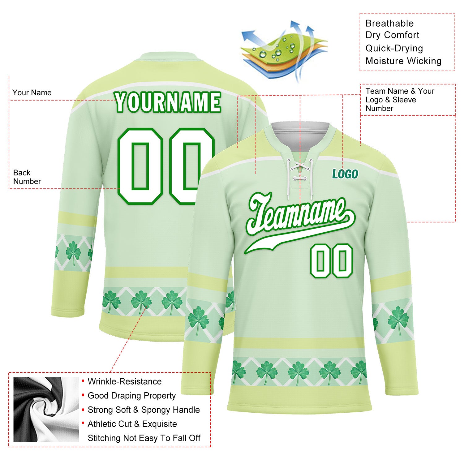 Custom Four Leaf Clover Personalized Hockey Jersey HCKJ01 E0615 - Personalized Sports Apparel for Hockey Games, Team Events & Fan Gifts