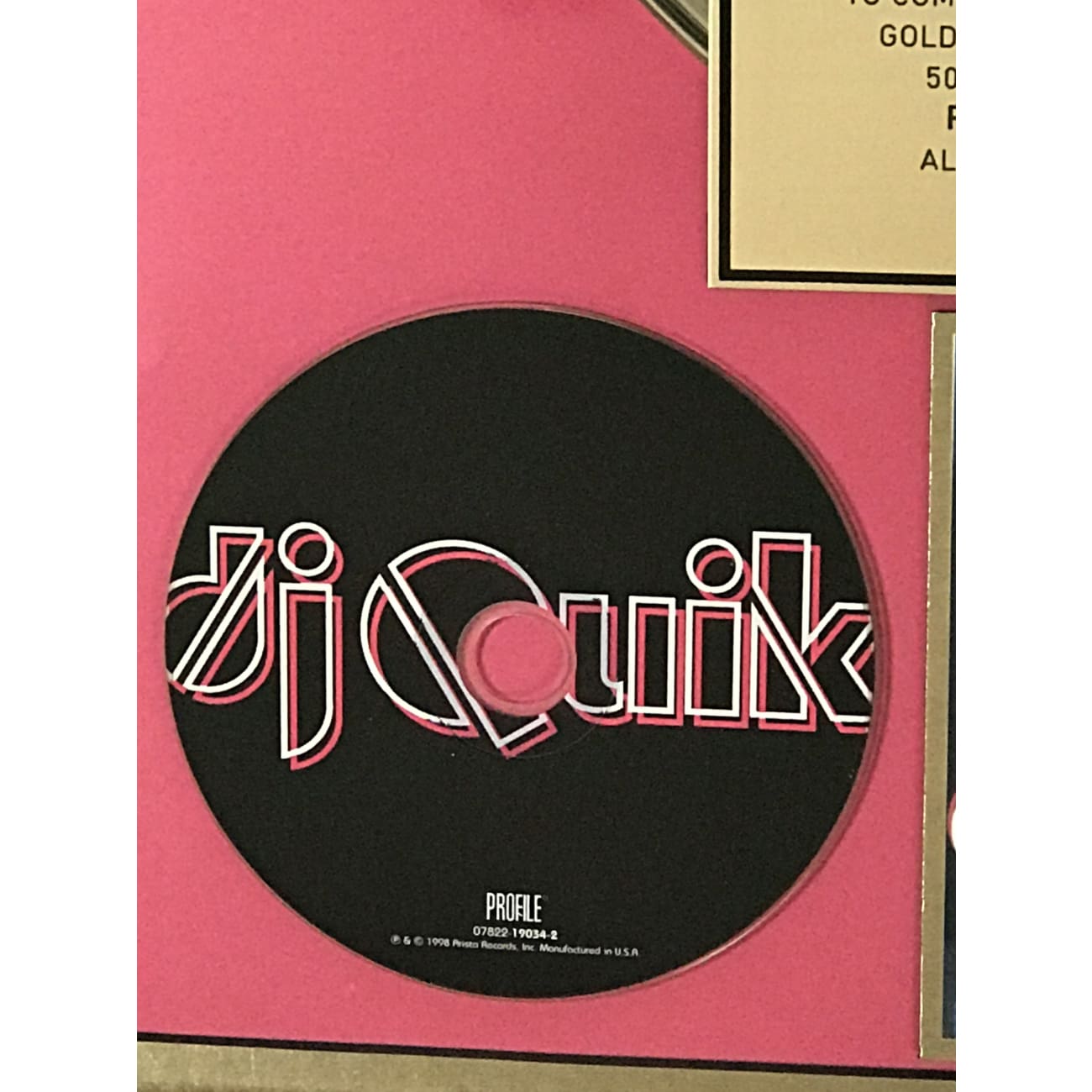 DJ Quik Rhythm Al-Ism RIAA Certified Gold Album Award Plaque - Perfect for Music Collectors & Hip-Hop Memorabilia Displays