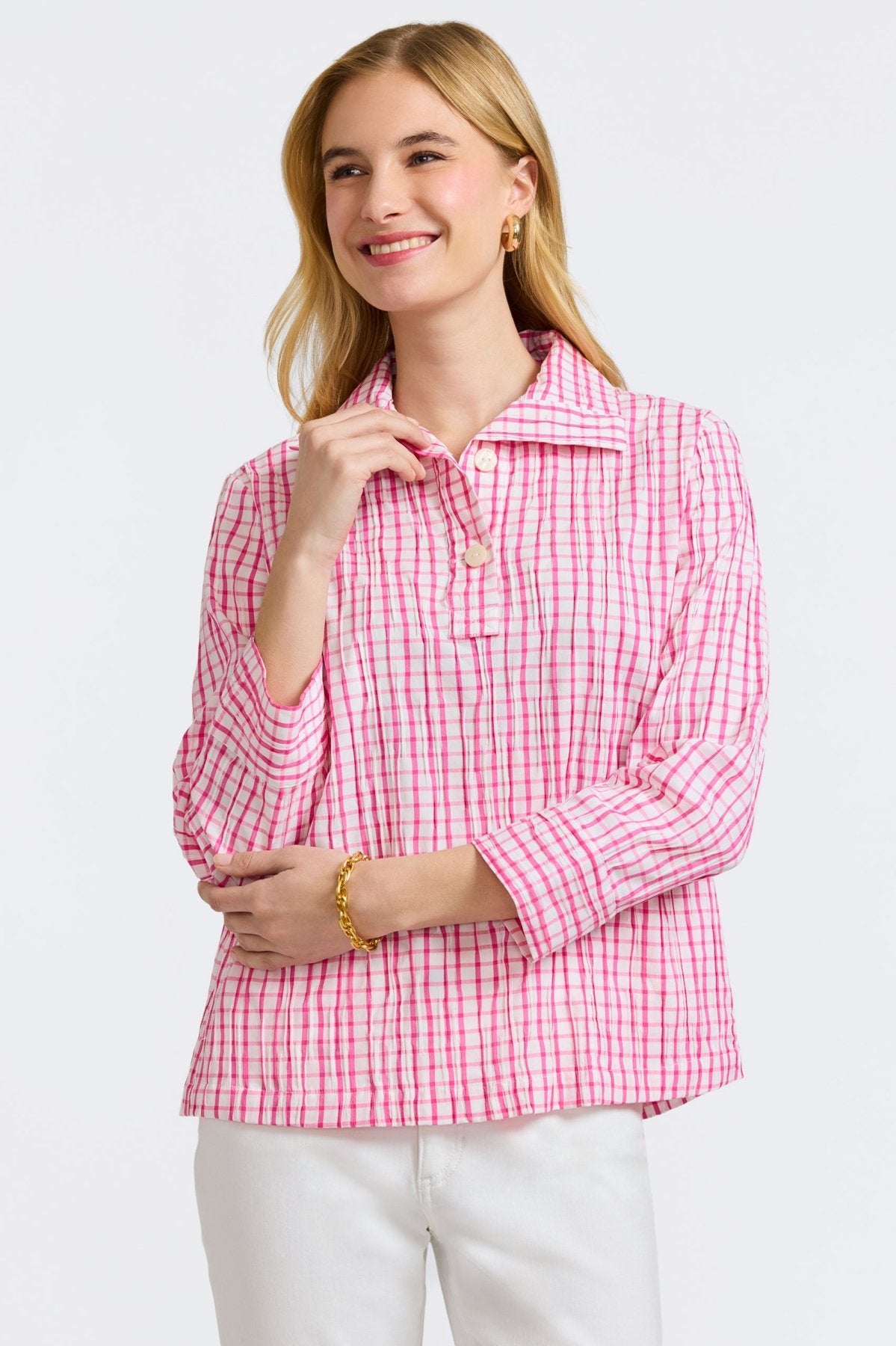 Sammy Crinkle 3/4 Sleeve Popover Shirt Jacket for Women - Stylish Casual & Office Wear - Perfect for Spring & Fall Layering