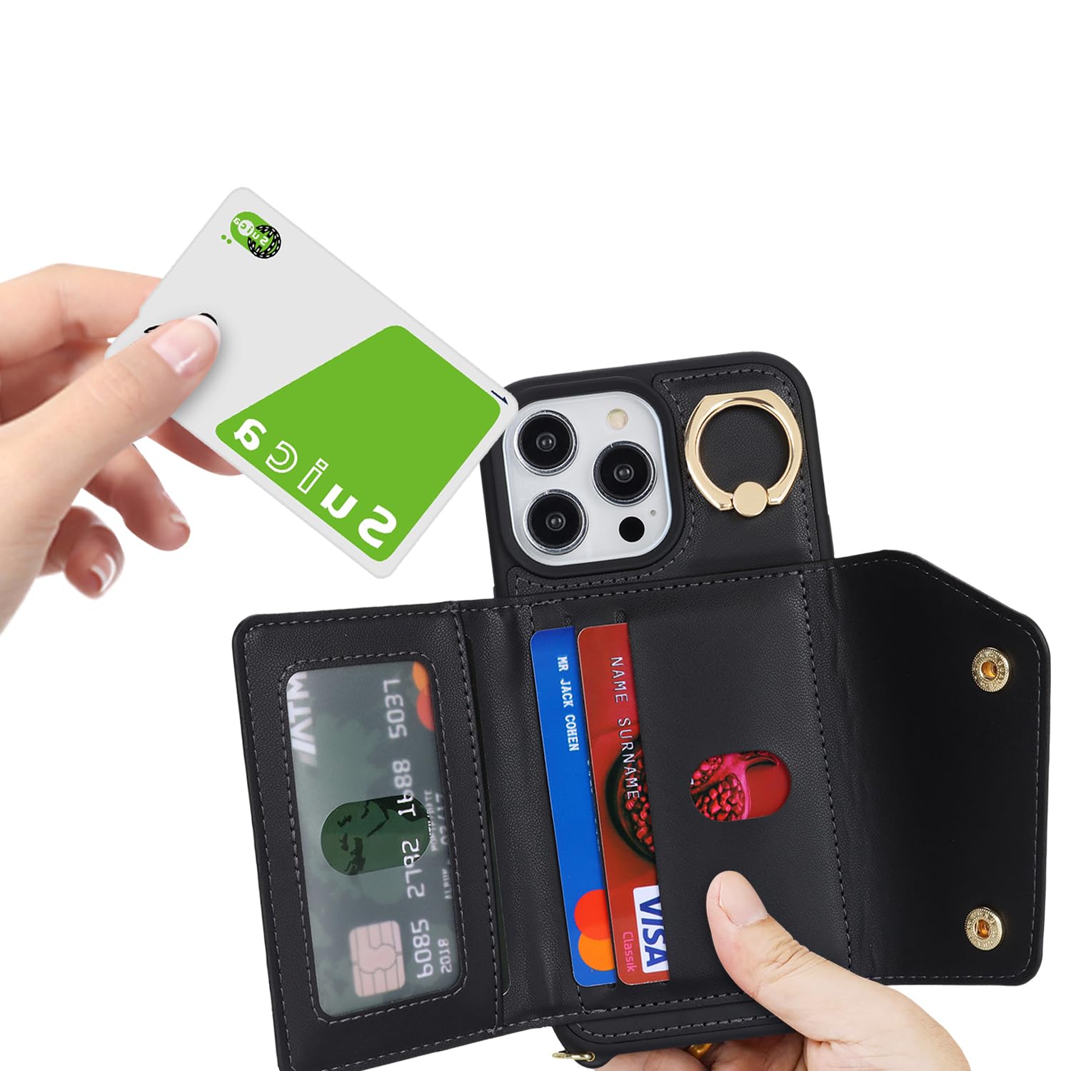 Premium iPhone 15 Pro Case with Card Holder & Crossbody Strap - 6.1 Inch Wallet Phone Case Featuring Zipper Pocket, Stand Ring & Credit Card Slots (Black) - Perfect for Women's Daily Use, Travel, Shopping & Hands-Free Convenience
