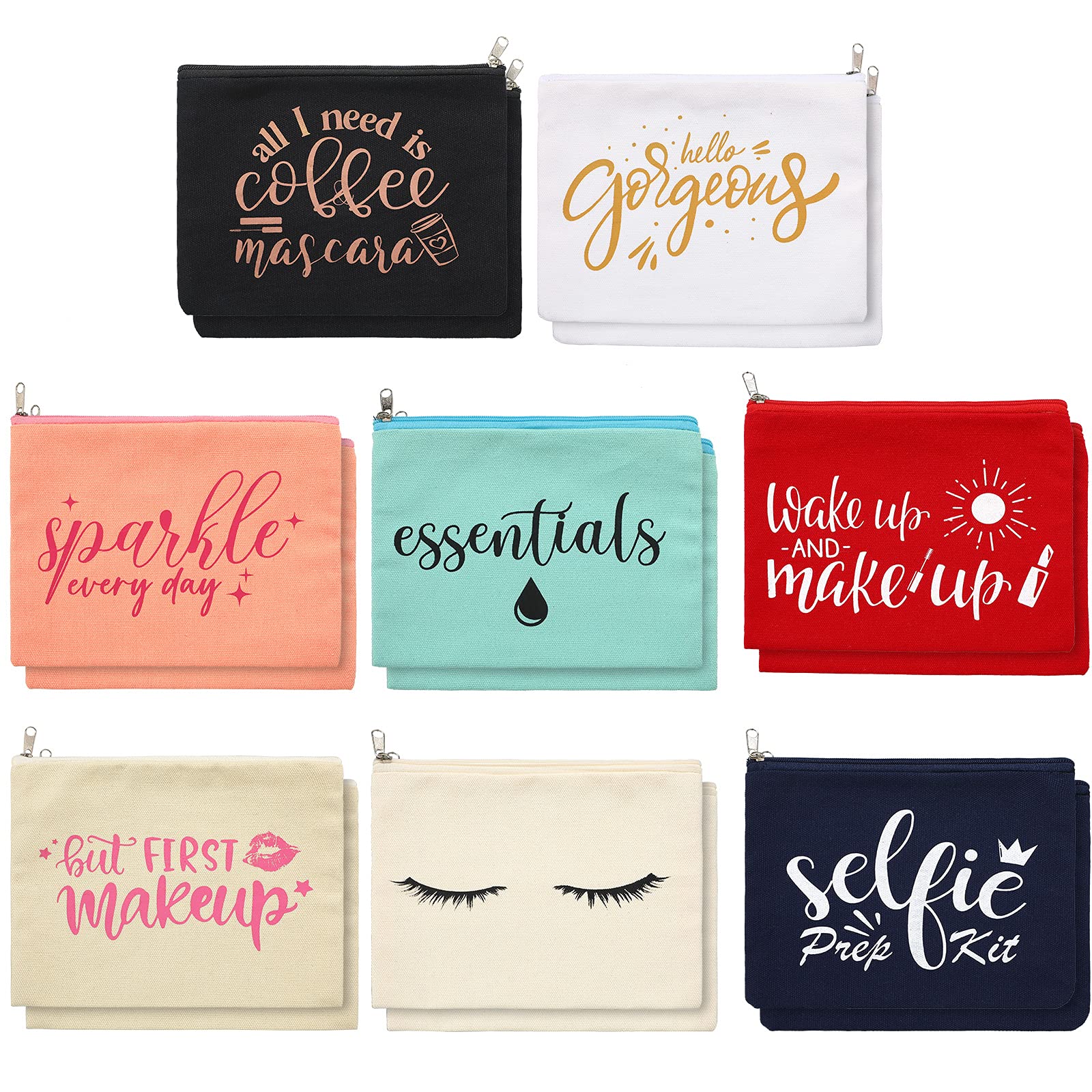 WeeWooday 16 Pack Multicolor Canvas Makeup Bags with Zippers - Funny Inspirational Travel Cosmetic Pouches, Cotton Toiletry Bags for Women (Glitter Pattern) - Perfect for Travel, Gym, Daily Organizer & Gift Giving