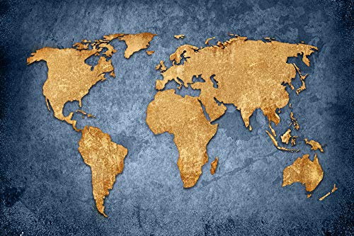 Blue Grey World Map Self-Adhesive Vinyl Wallpaper - Peel & Stick Fabric Wall Decal with Canvas Texture - 48x36 inches - Perfect for Home Office, Living Room & Bedroom Decor