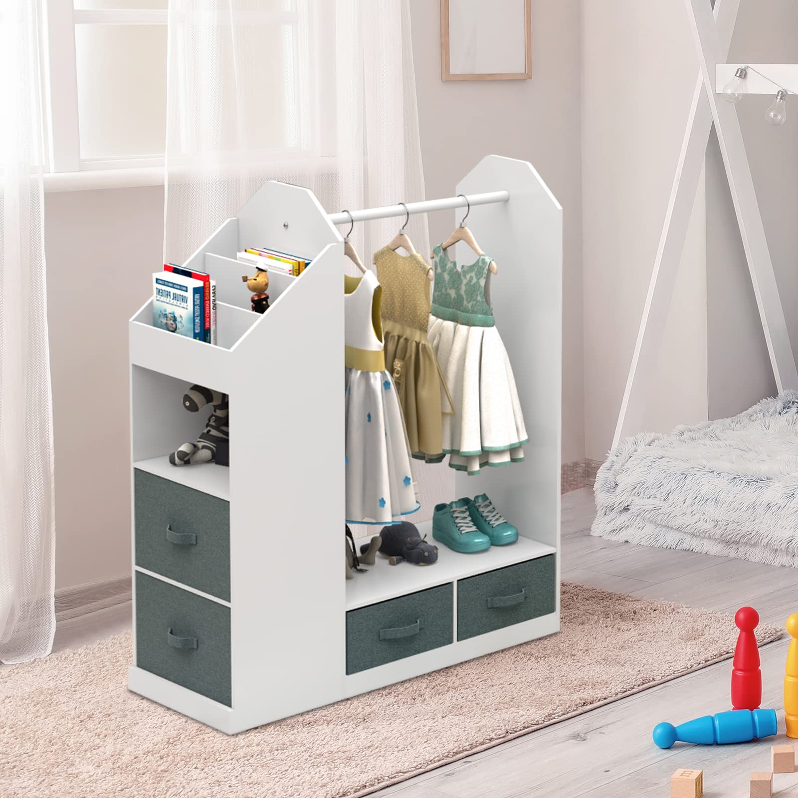 White Kids Play Armoire with Storage Bins & Closet Organizer - Dress Up Costume Wardrobe with Mirror for Girls & Boys Bedroom, Playroom & Nursery Organization