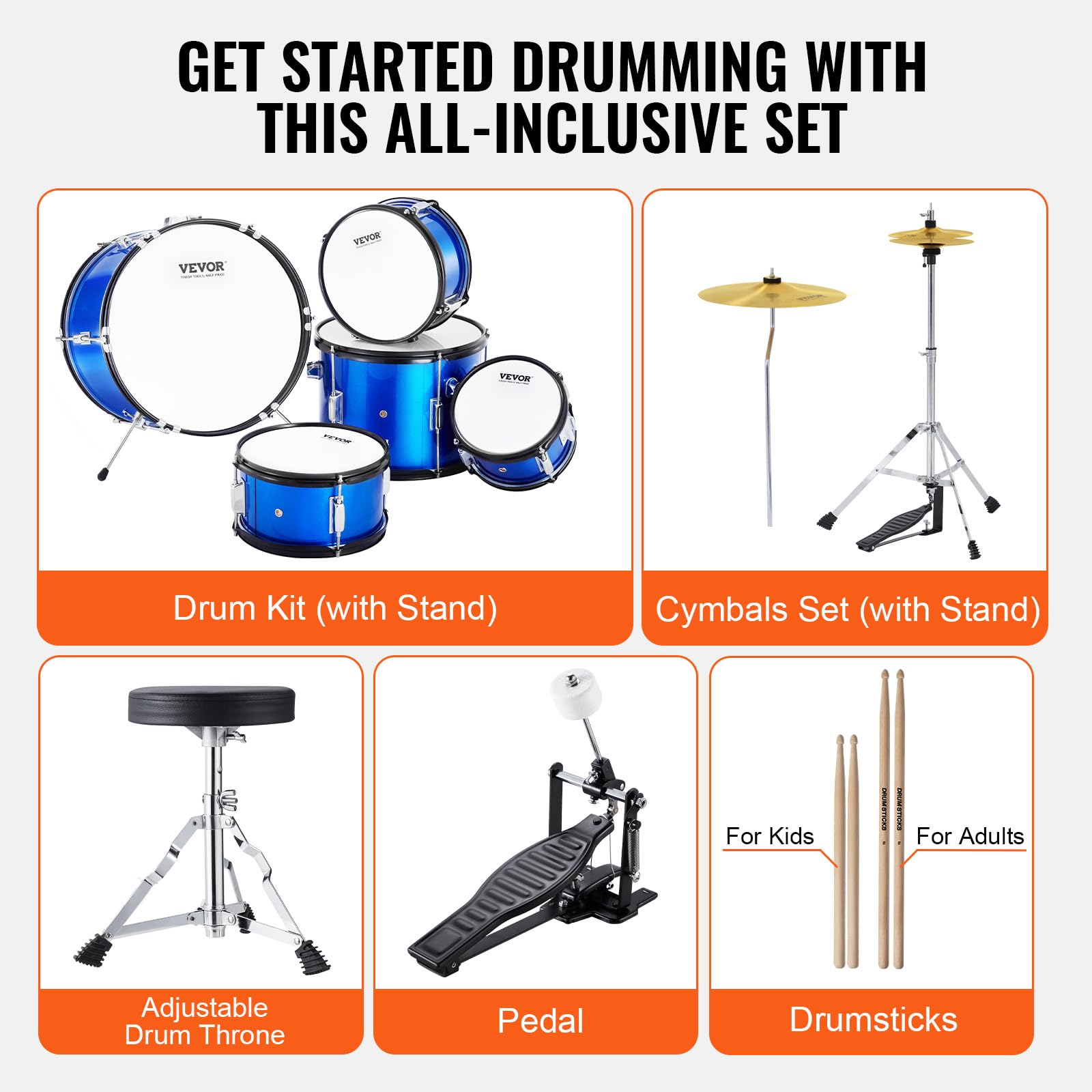 VEVOR 5-Piece Kids Drum Set with Adjustable Throne, Sticks, Cymbal & Pedal - 16