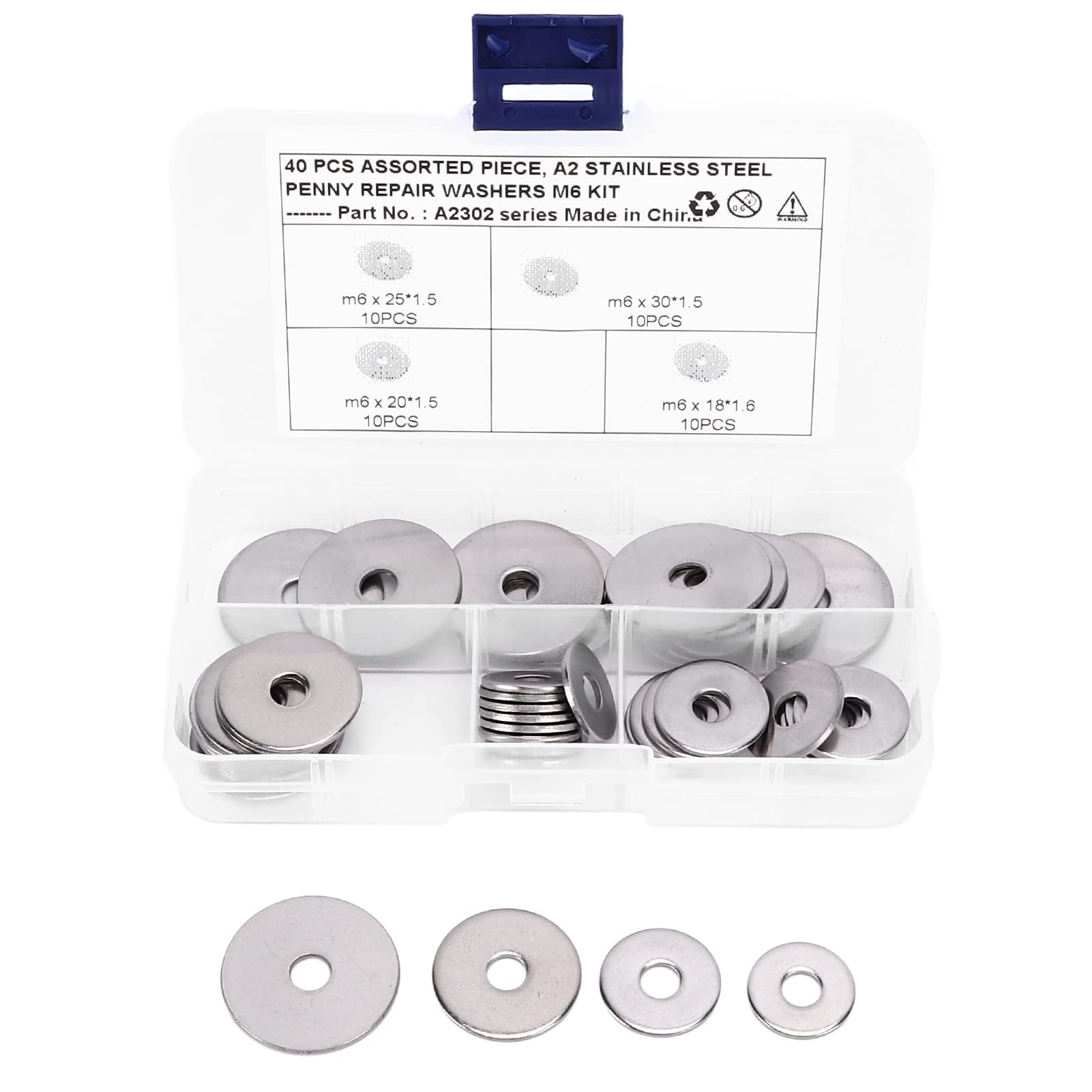 Acouto 40pcs Universal M6 Mudguard Washer Kit - 4 Sizes 304 Stainless Steel Washers for Cars, Trucks & Marine Vehicles | Durable Rust-Proof Fender Washers for Auto Repair, Boat Maintenance & Off-Road Protection