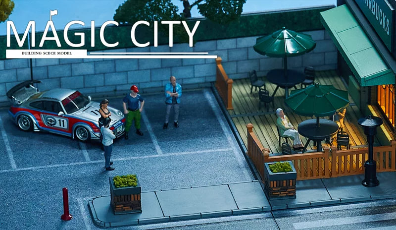 1:64 Scale Coffee Shop & Parking Lot Diorama Set - Miniature Building Model for Diecast Cars, Perfect for Toy Car Display, City Scenes & Collectors (Magic City Series)