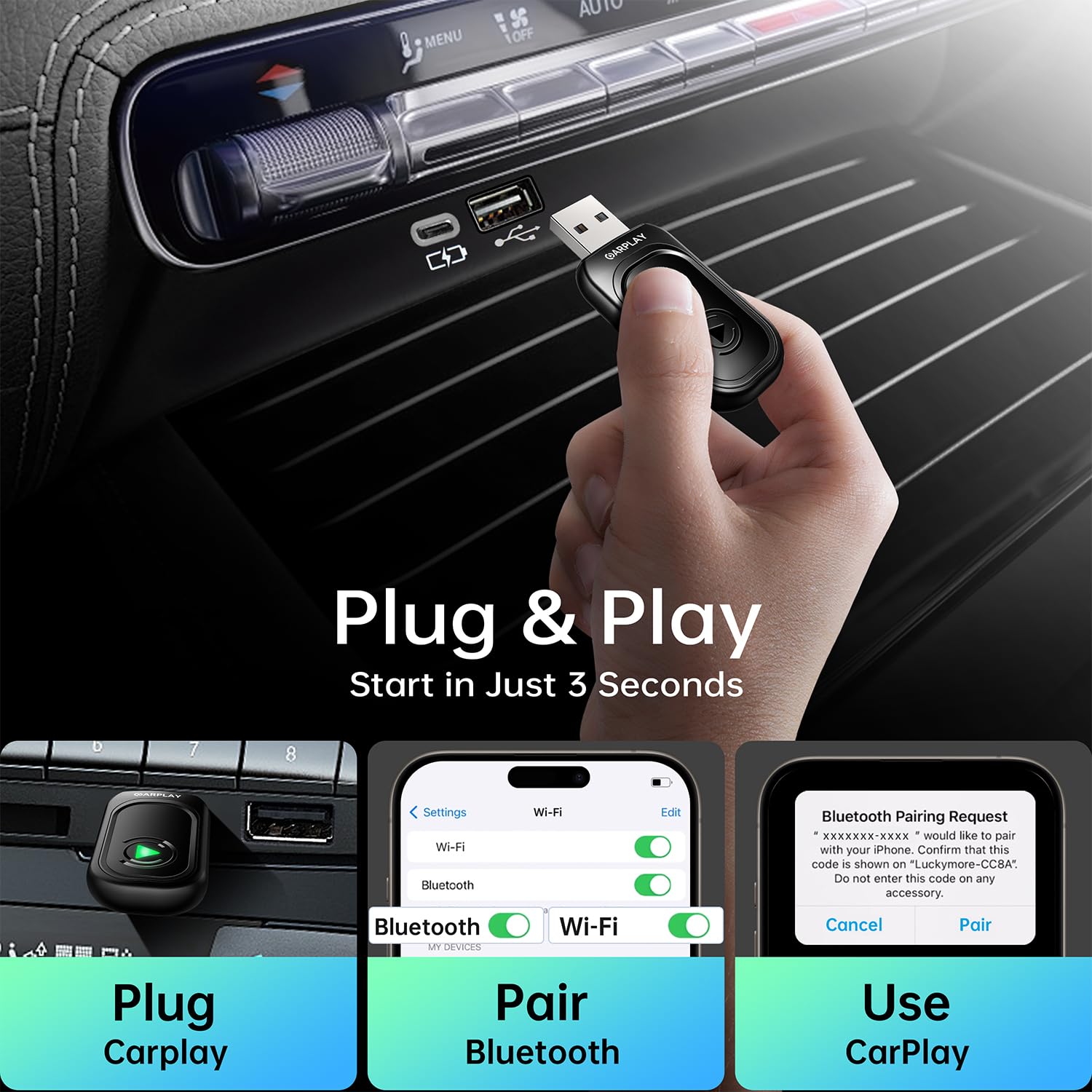 Wireless CarPlay Adapter for iPhone - Convert Wired to Wireless CarPlay Dongle, Plug & Play for Cars 2017+ & iOS 10+ (Black) | Seamless Music Streaming & Hands-Free Calling While Driving