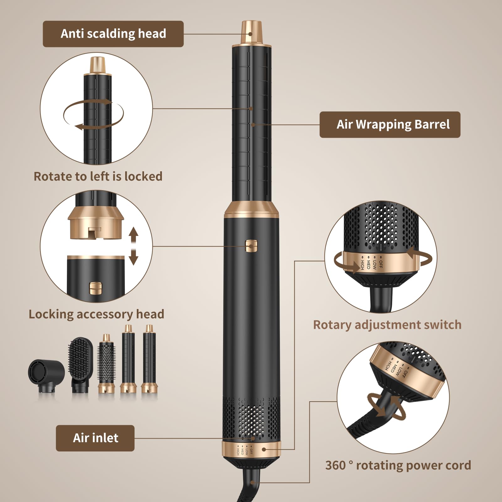 5 in 1 Blow Dryer Brush for Hair Styling - Upgraded Detachable Hot Air Brush with Negative Ion Technology, Hair Dryer & Curler for Drying, Curling & Straightening - Perfect for Salon, Home & Travel Use